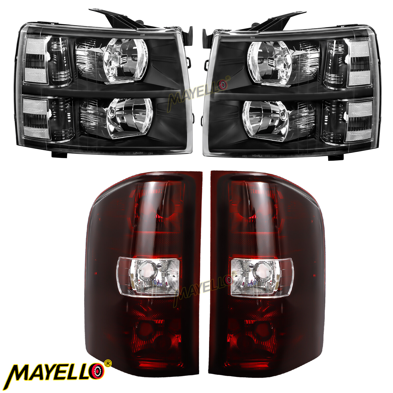 4PCS Black Headlights+Smoke Red Taillights For 2007-13 Chevy Silverado 1500 2500