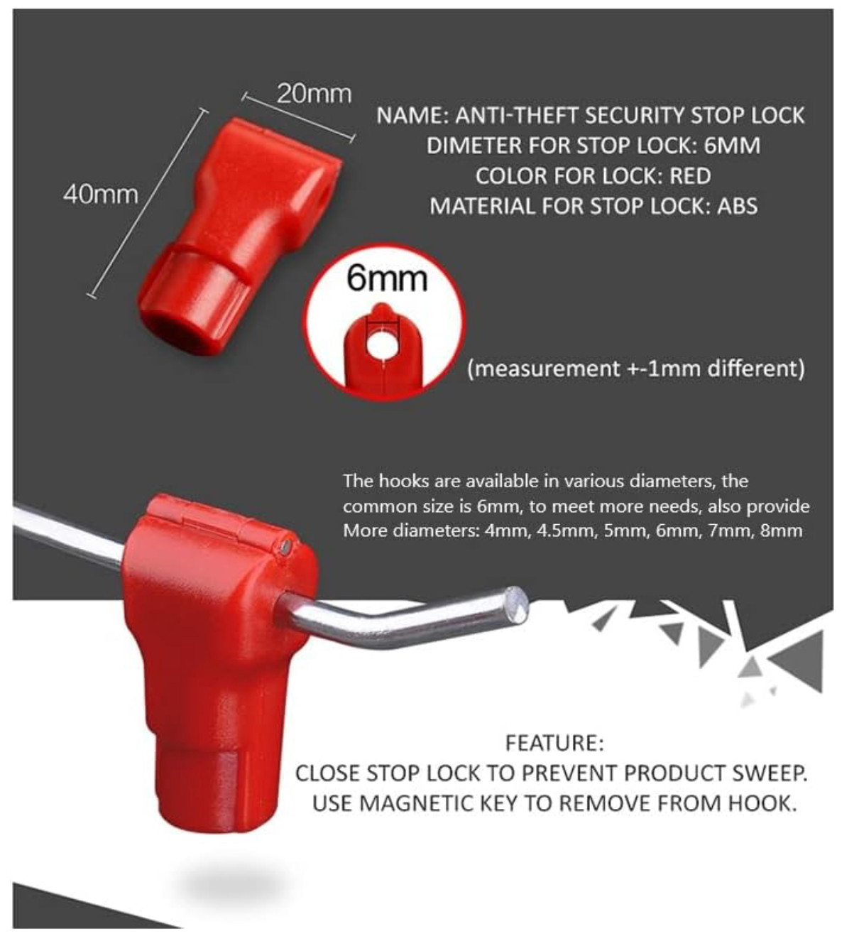 200 pcs Red Stop Lock Peg Hook Locks Plastic for Retail Shop Security Anti Theft