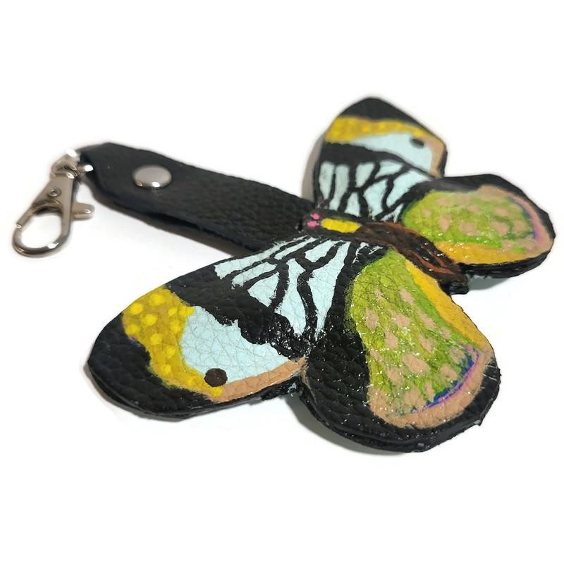 Butterfly leather keychain, blue, hand painted