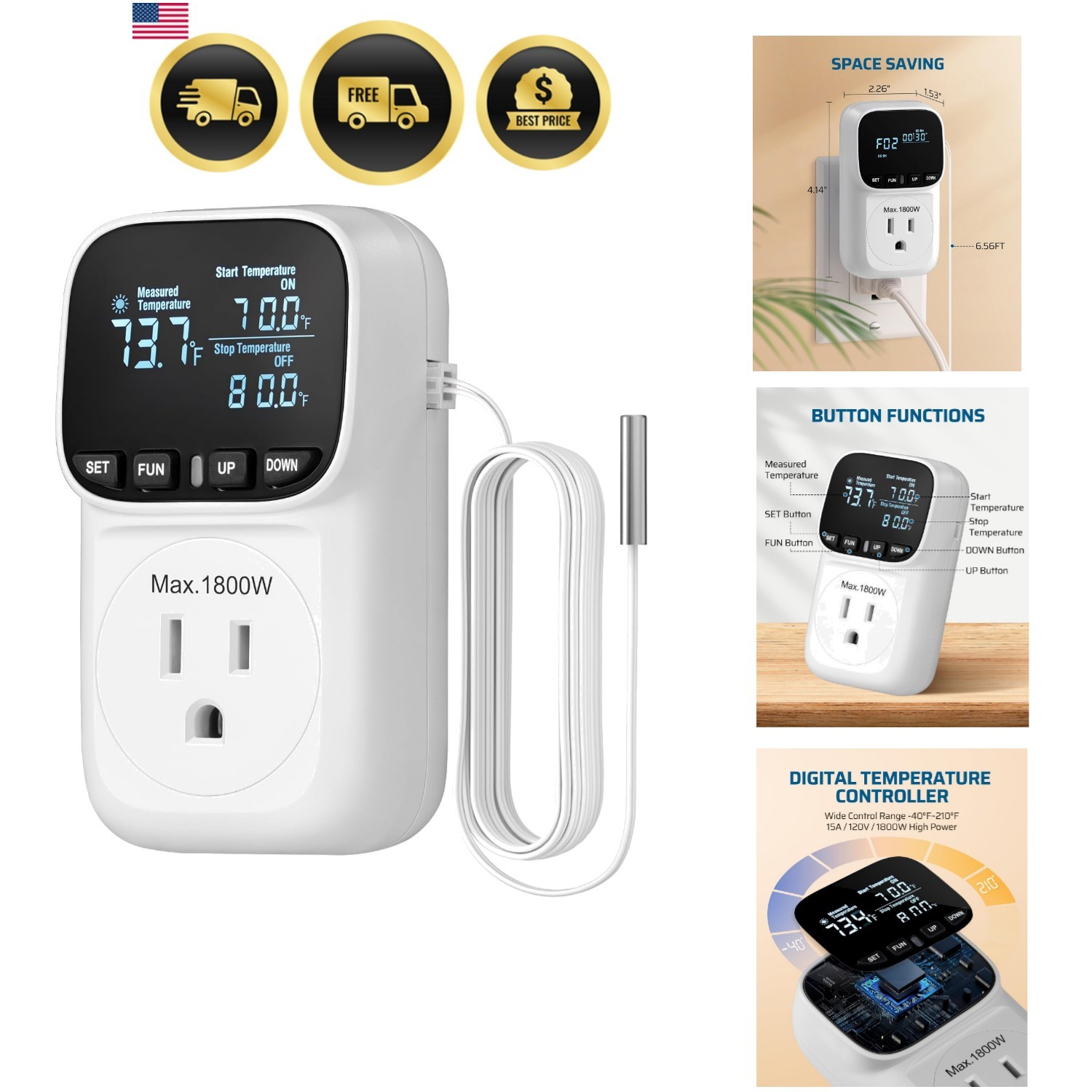 Digital Temperature Controller, Heavy Duty 15A/1800W Thermostat Outlet Plug, ...