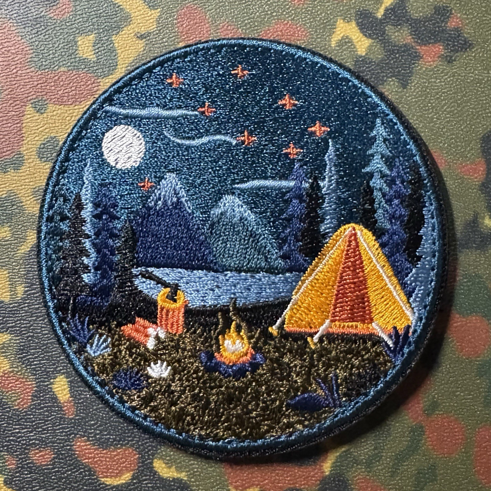 ⛺️CAMPSITE AT NIGHT Round Embroidered Patch Hook/Loop BACKPACKING CAMPING PDW