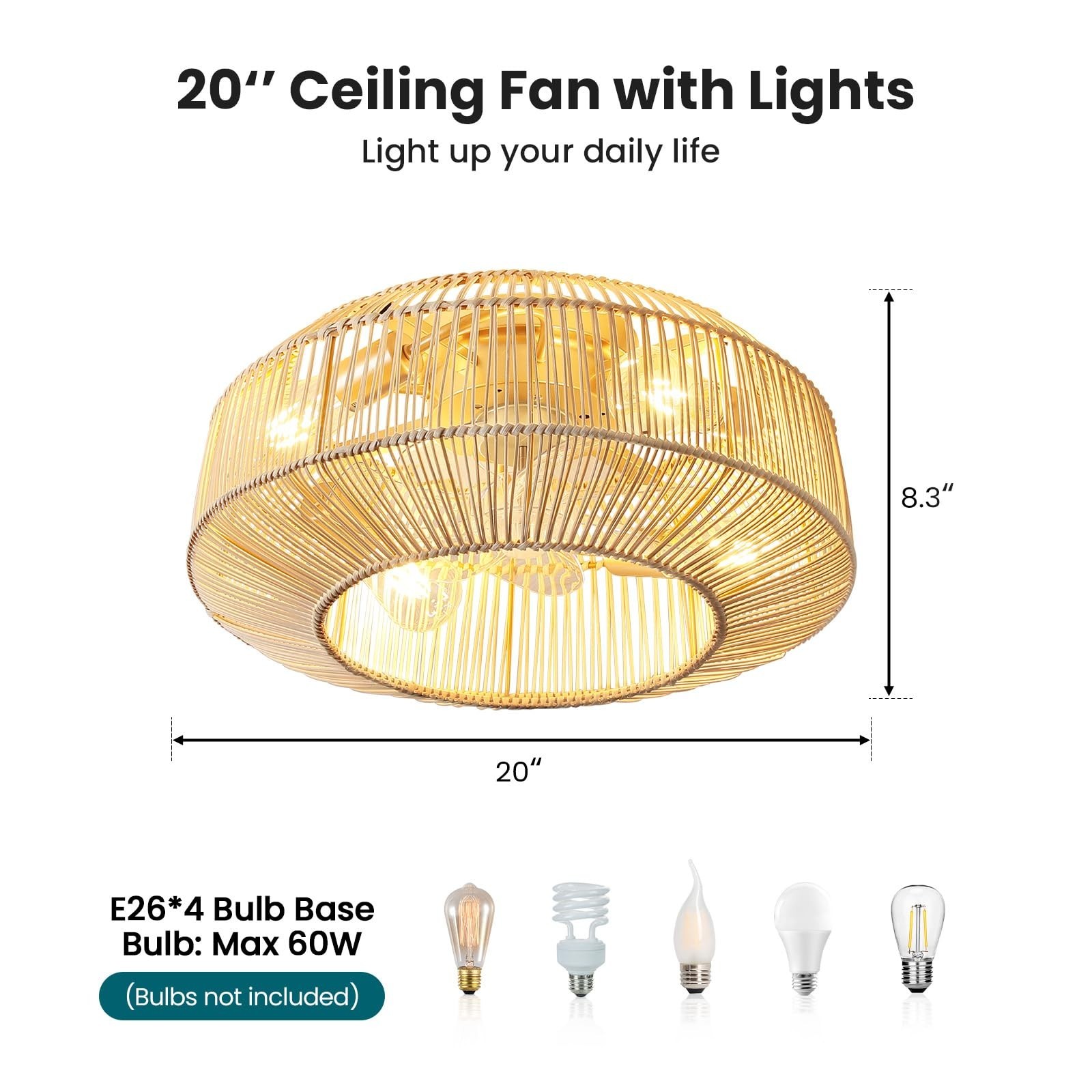 20" Boho Rattan Ceiling Fan with Lights, Flush Mount Caged Ceiling Fan with R...