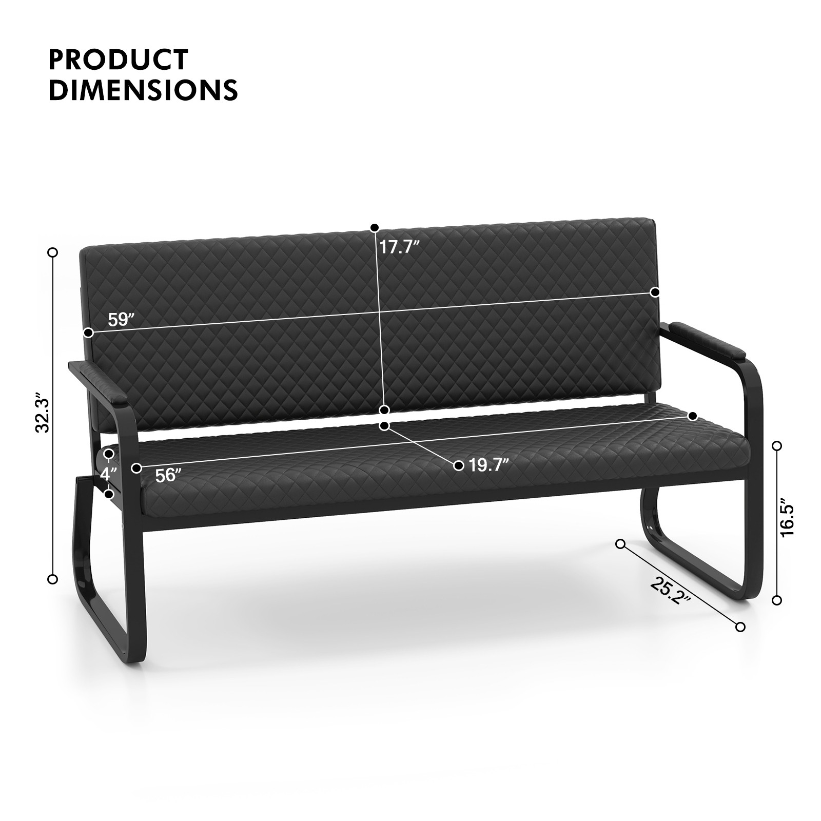 Black Waiting Chair Guest Reception Seating Bench Barbershop Beauty Salon Office