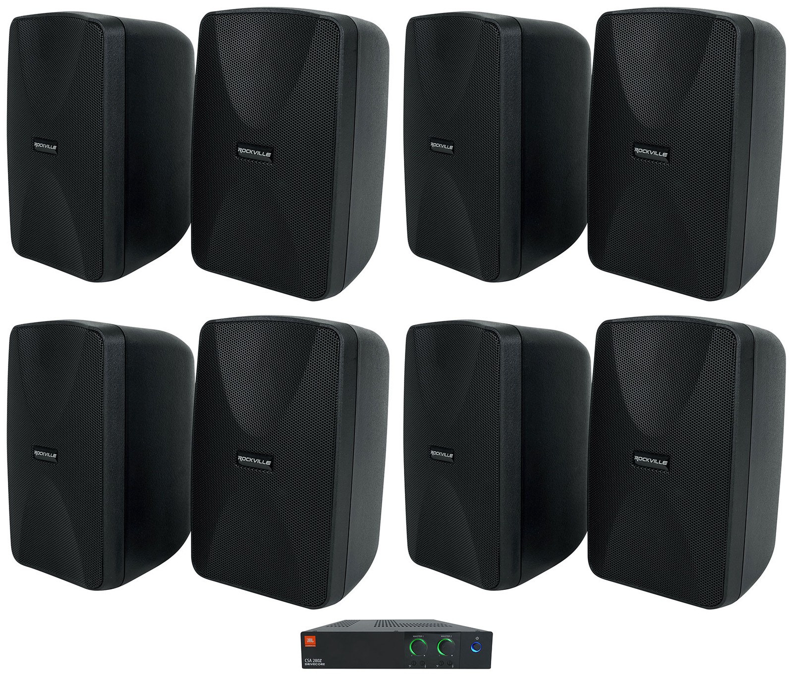 JBL CSA 280Z Commercial Amplifier+(8) Indoor/Outdoor Black Swivel Wall Speakers
