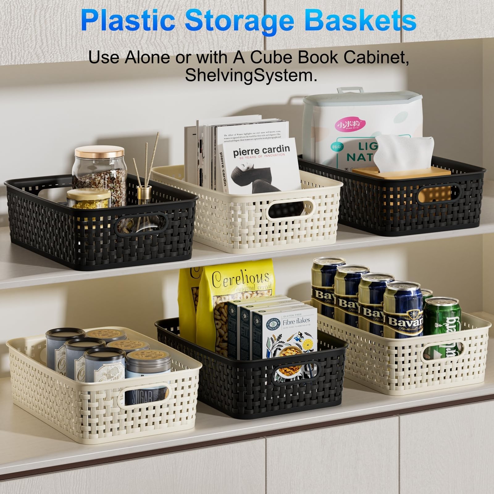 White Plastic Basket, 8 Pack Home Organization and Storage Baskets with Handl...