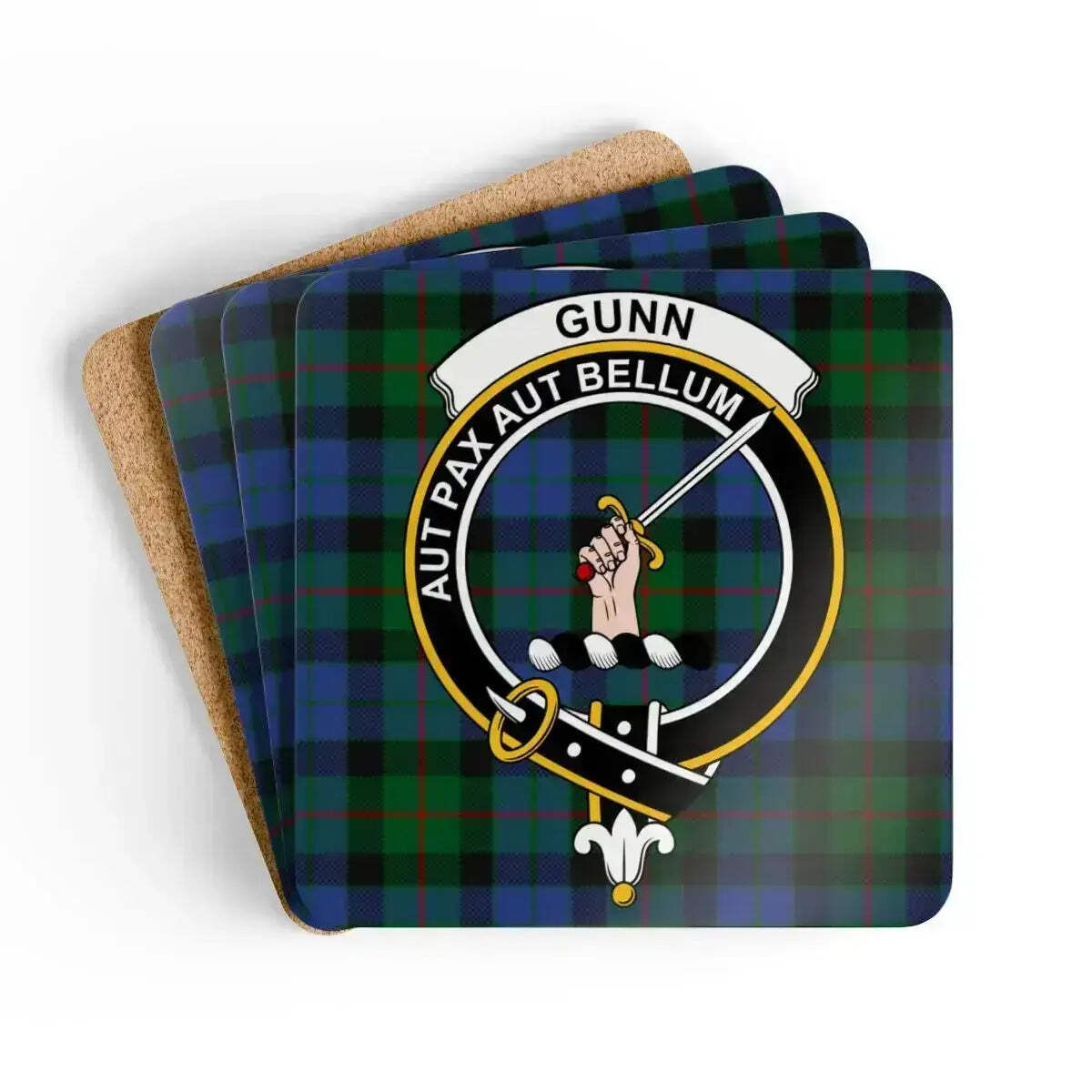 Gunn Clan Crest Tartan Coaster Set – Set of 4 Natural Cork