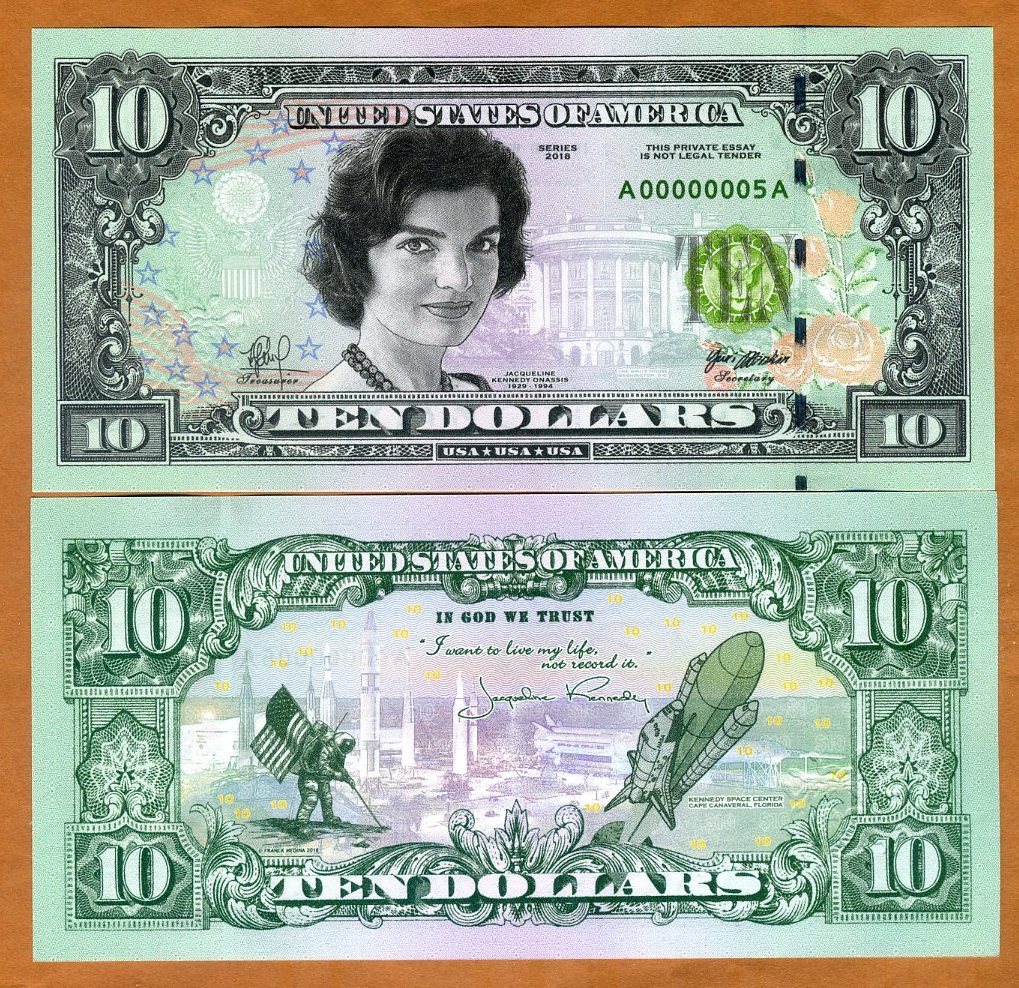 USA, $10, 2018, private Issue, essay design, Jackie Kennedy, Space Exploration