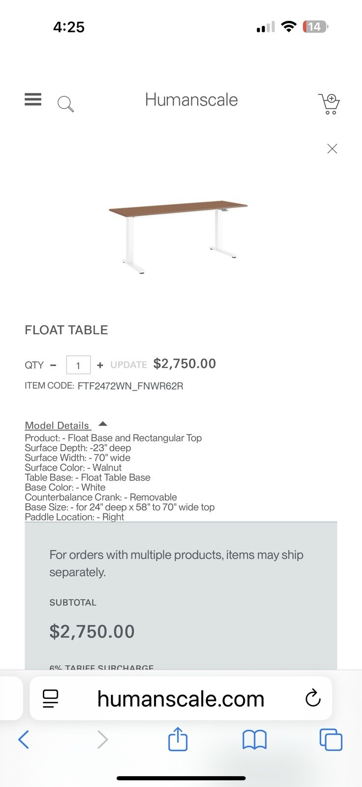 Humanscale Float Table Only 70 x 23 Walnut Excellent Condition