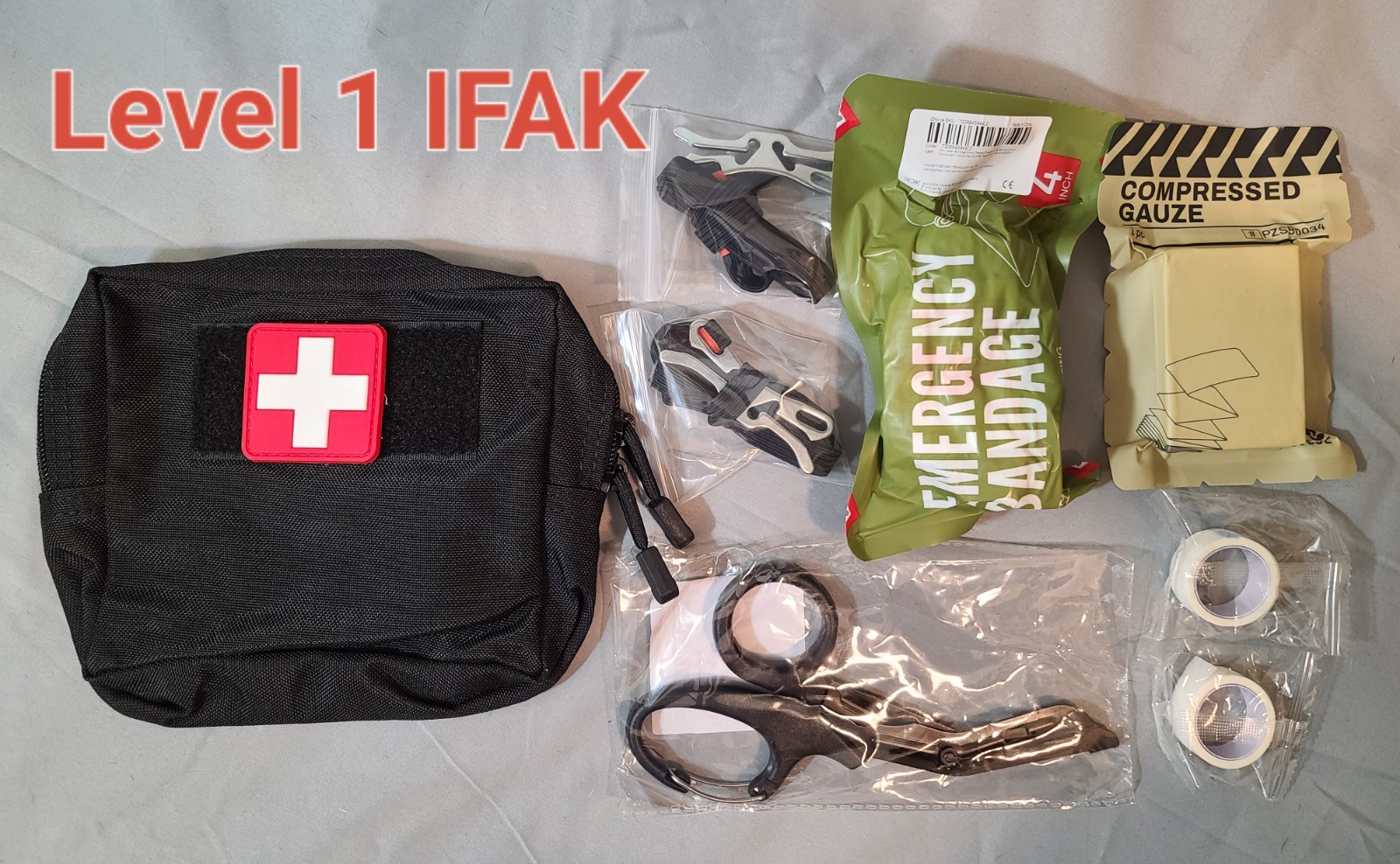 LOKI-360 TACTICAL COMPLETE LEVEL ONE IFAK KIT IN BLACK POUCH. TRAUMA SUPPLIES.