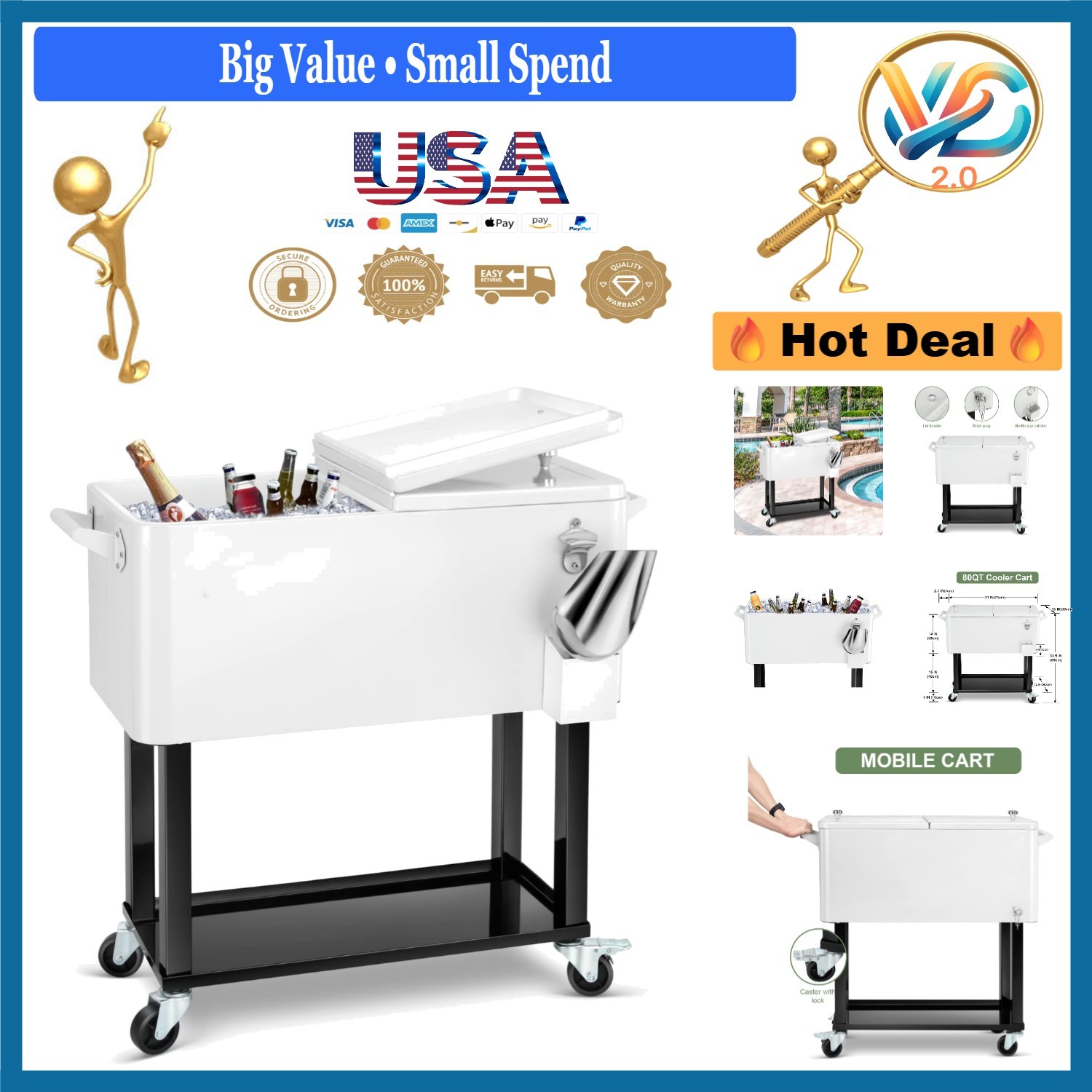 80 Quart Rolling Ice Chest Cooler Cart Patio Party Drink Beverage Stand with ...