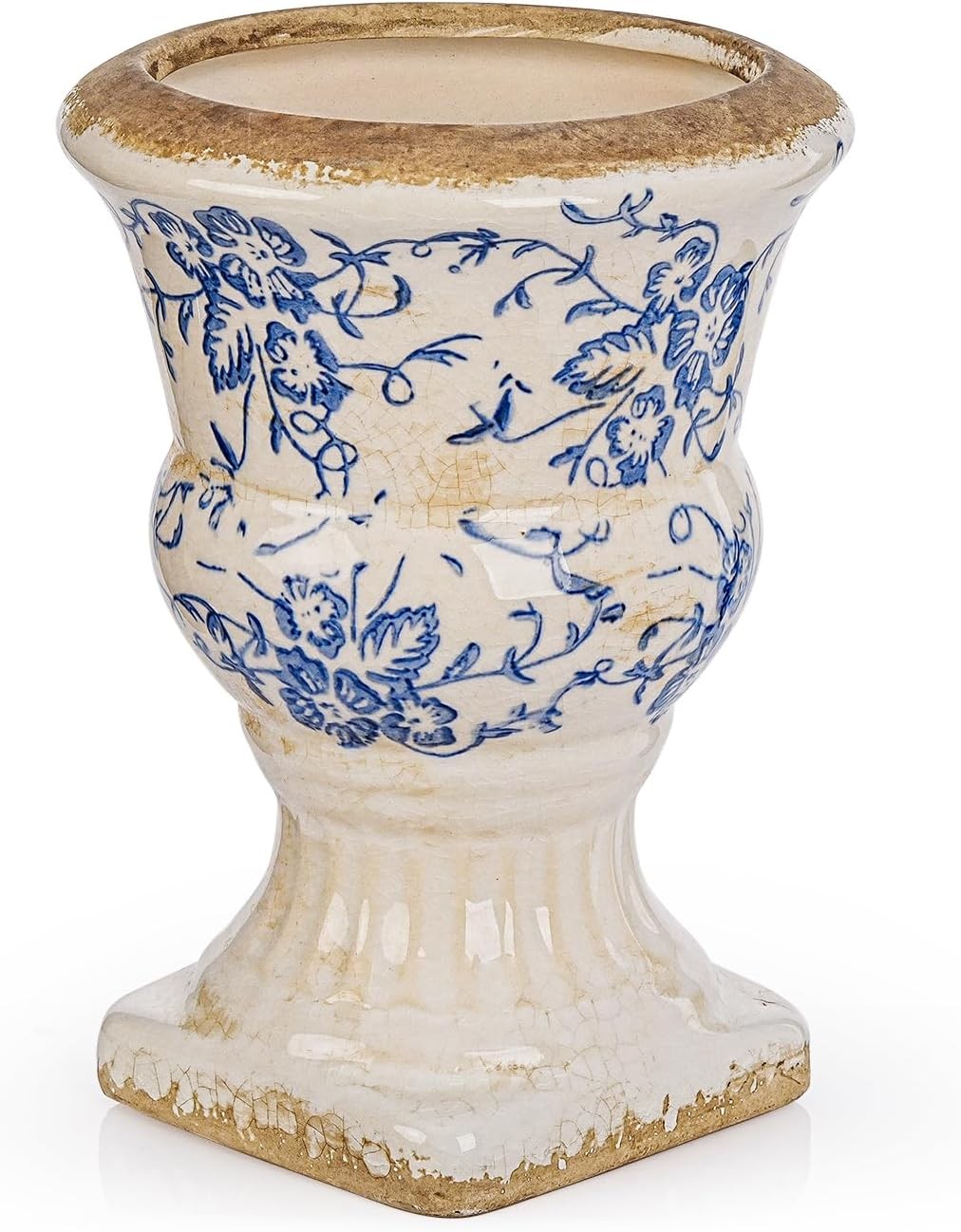 Small Ceramic Urn Planter Pot Blue White Floral Chinoiserie Pedestal Decor