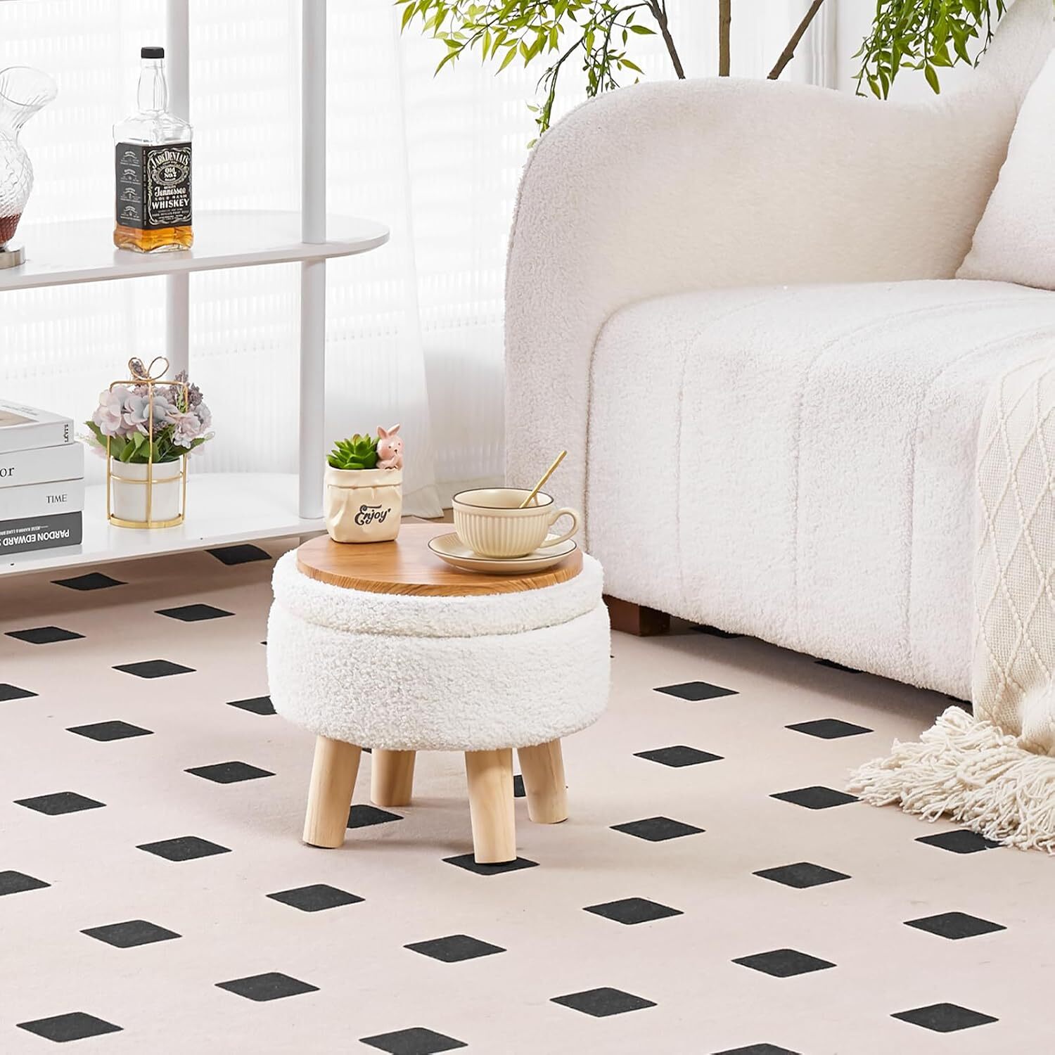 Storage Ottoman, Round Footstool with Upholstered Seat Cushion, (Cream)