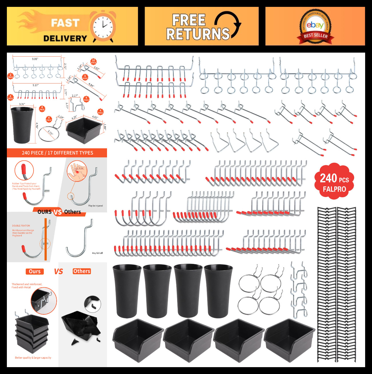 240PCS Pegboard Hooks Set - Organizer Kit with Bins, Cups & 1/8" 1/4" Tool Hooks