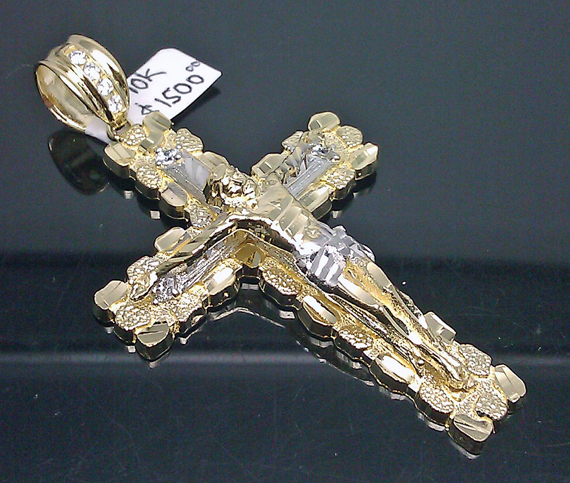 10K Real Yellow Gold Nugget Jesus Crucifix Cross Charm Diamond Cut Men 3 Inch