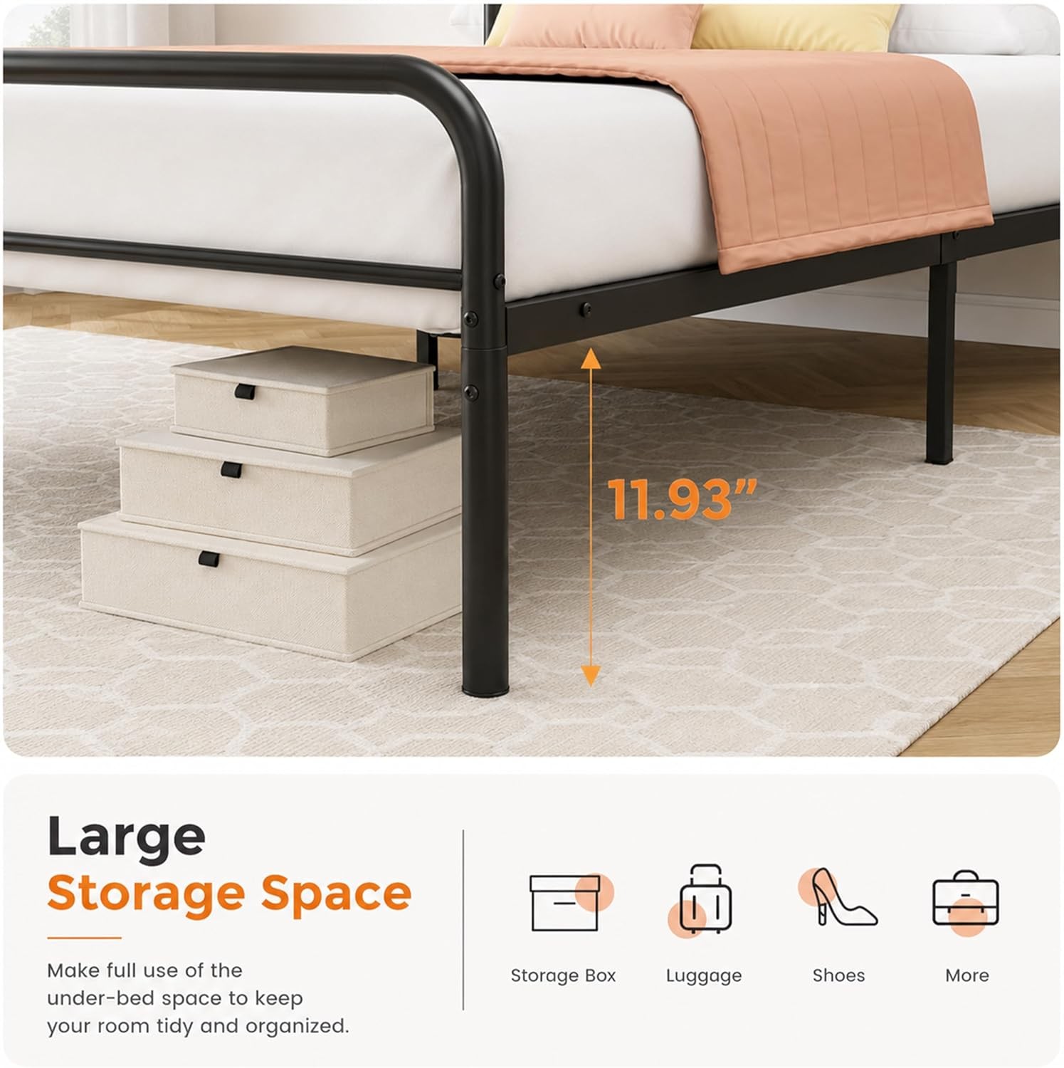 Full Size Bed Frame, Metal Platform with 11.9" Under-Bed Storage Black