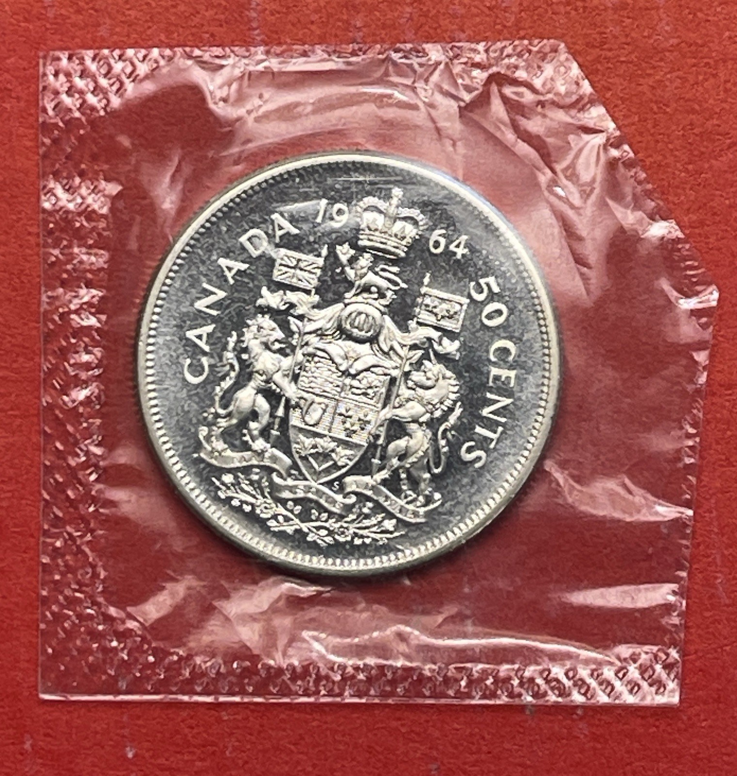 1964 Canada 80% Silver 50 Cents, Half Dollar, Prooflike Unc., In Original Cello.