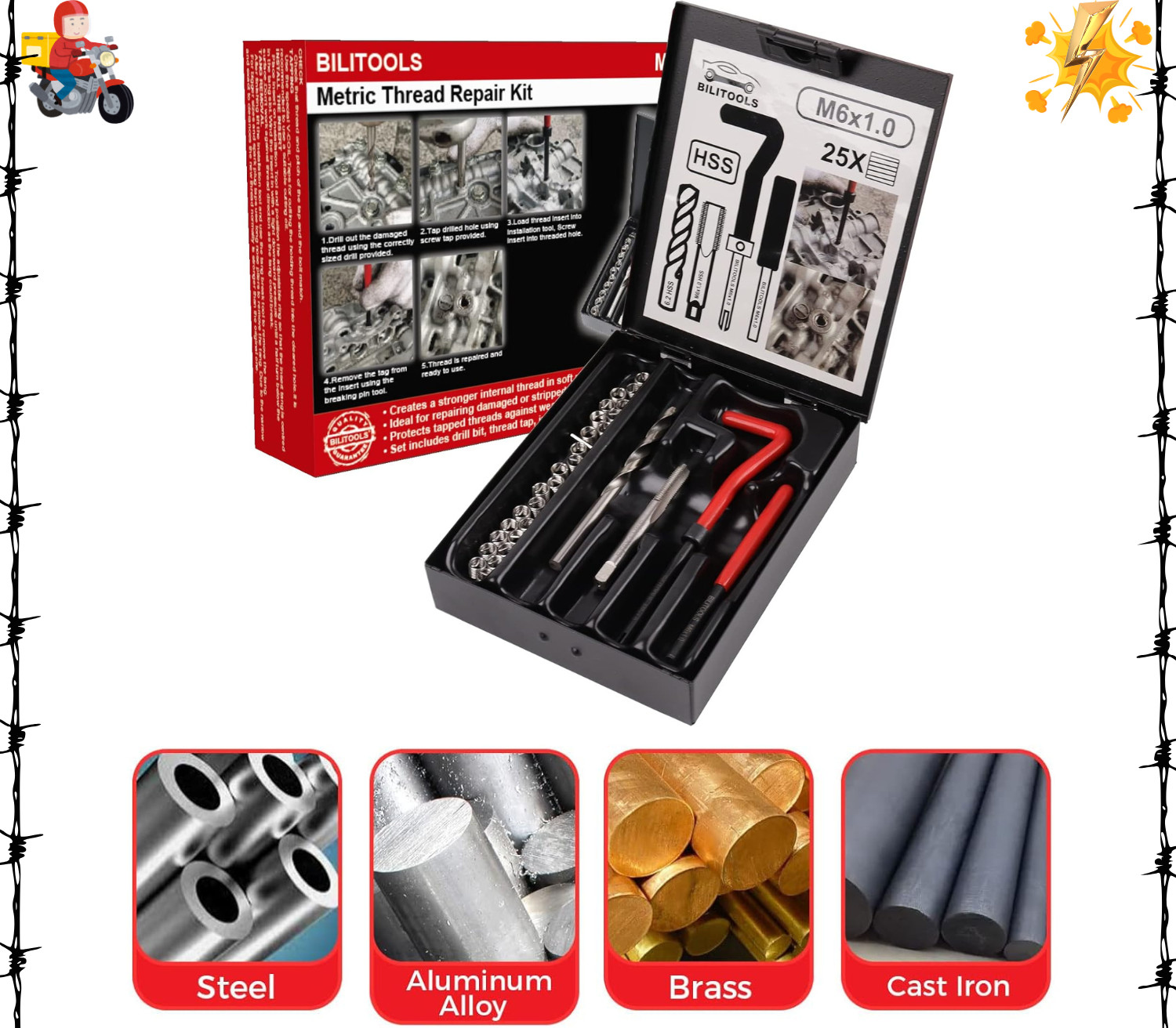 BILITOOLS M6X1.0 Thread Repair Kit, HSS Drill Helicoil Repair Kit Metric
