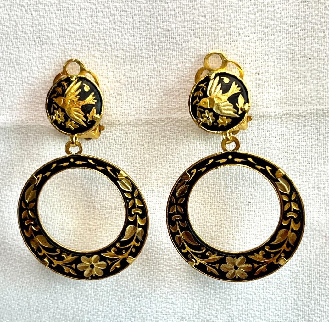 Vintage Damascene Toledo Spain Clip Back Hoop Circle Earrings #19-8