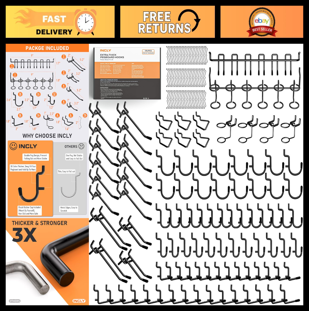 176PCS Heavy Duty Pegboard Hooks Set - Extra Thick Black Metal Assortment for Ga