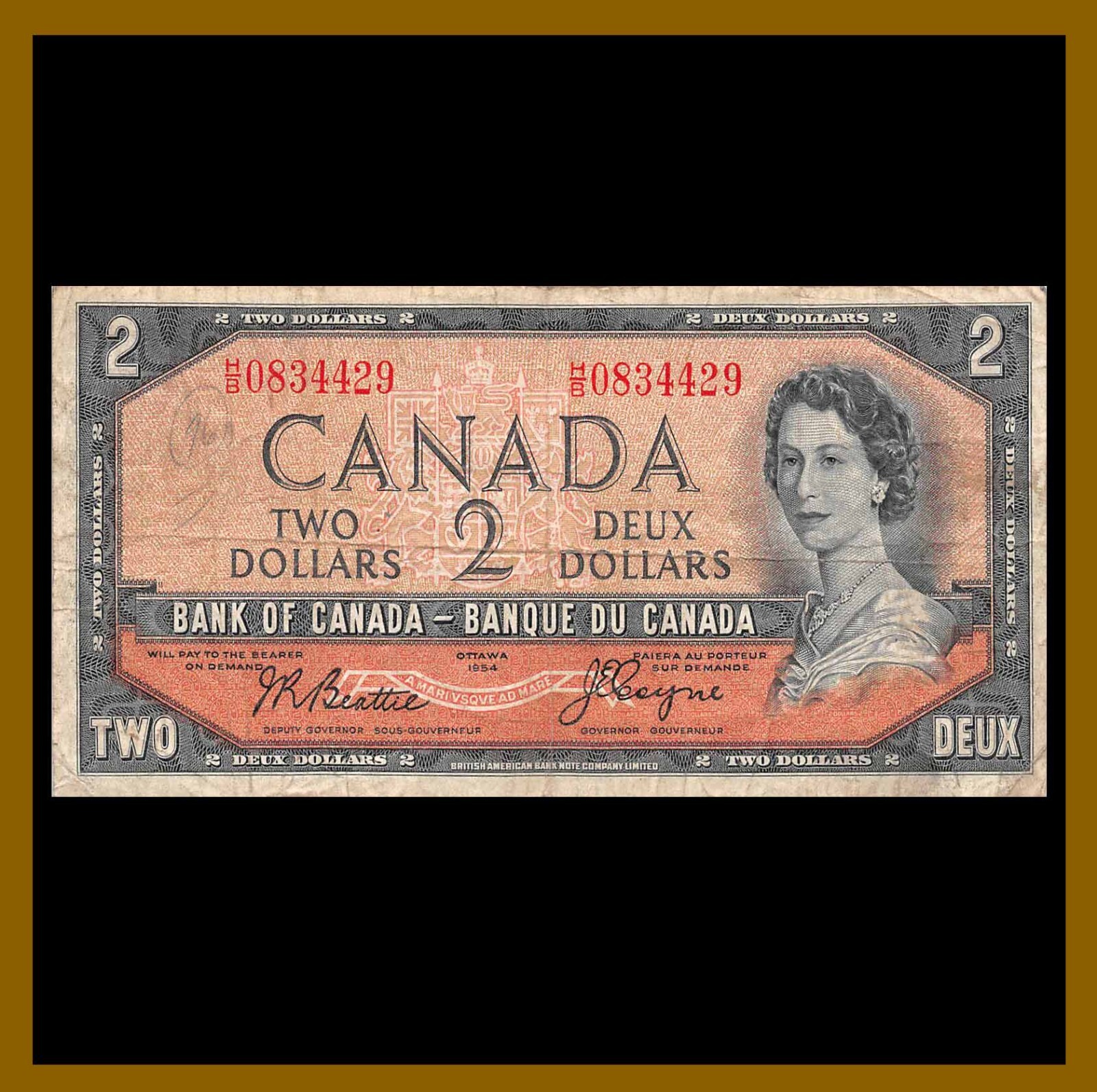 Canada 2 Dollars. 1954 P-67b Devil's Face QEII Cir #2