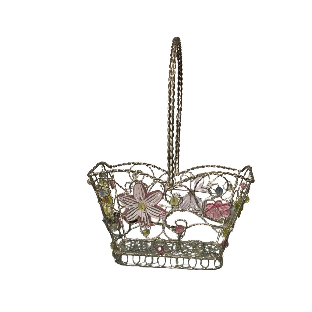 Silver Wire Metal Small Rectangular Basket Beaded Contoured Floral Yellow Purple