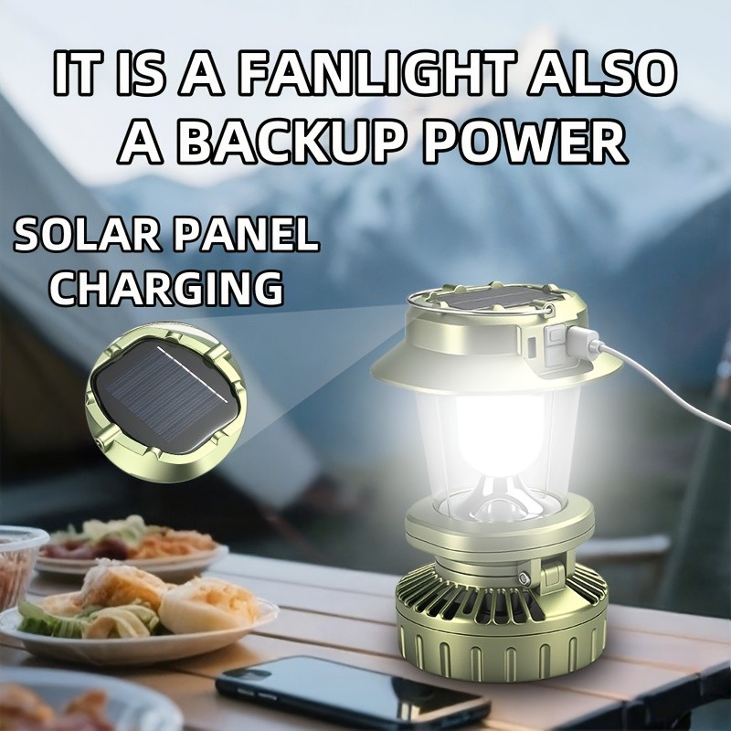 Solar Fan Lantern for Camping, Rechargeable Multi-Functional Light Hook