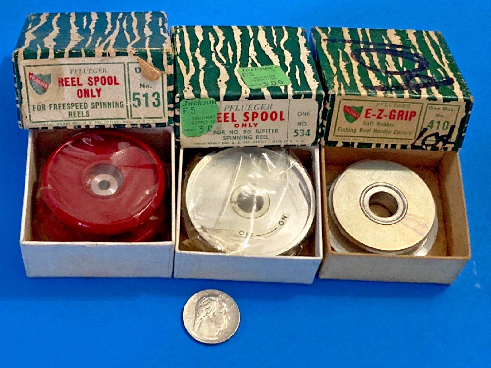 NOS VINTAGE LOT 3 FISHING REEL SPOOLS NEW PFLUEGER 513 534 (?) MIXED USA MADE