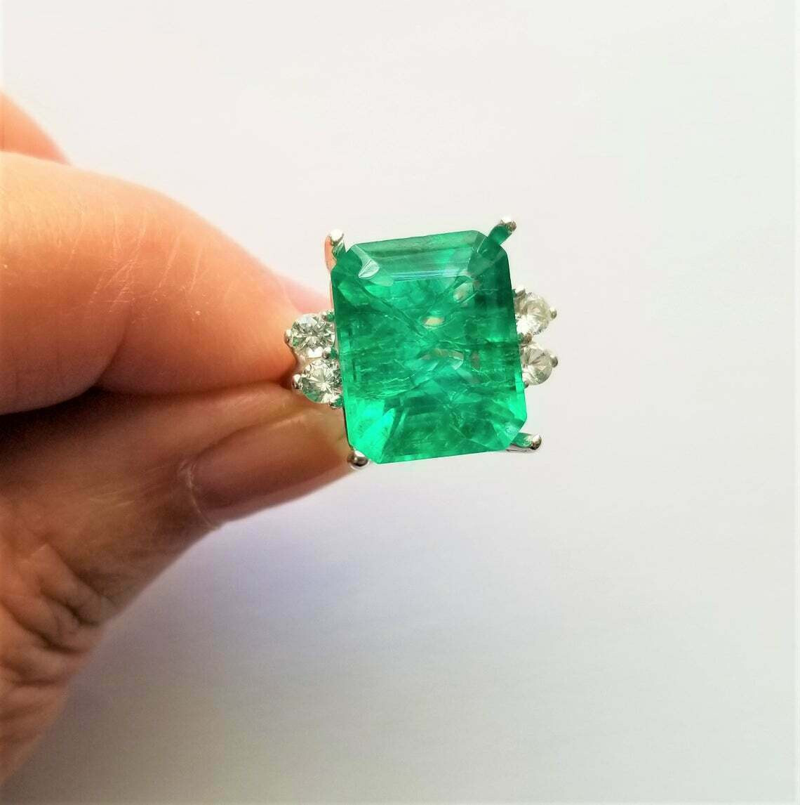 4.50Ct Lab-Created Green Emerald Solitaire Engagement Ring 14K White Gold Finis