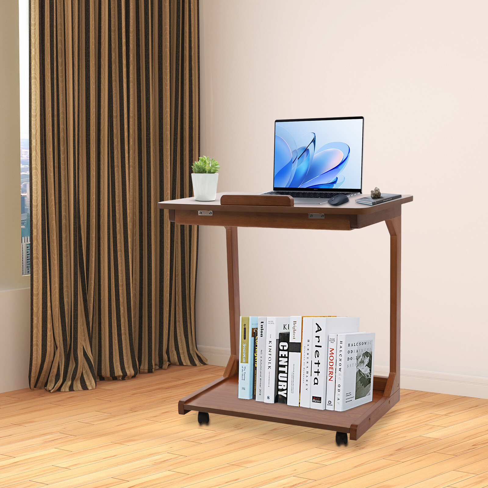 Modern C Shaped Table C Table with 4-Wheels Couch Table C-Shaped End Table Home