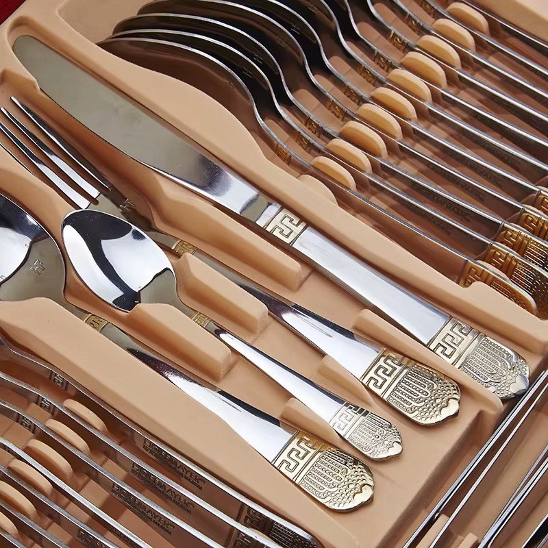 Hoffmayer S.G. 84-Piece Gold & Satin Flatware Set for 12 – Luxury Wooden Case