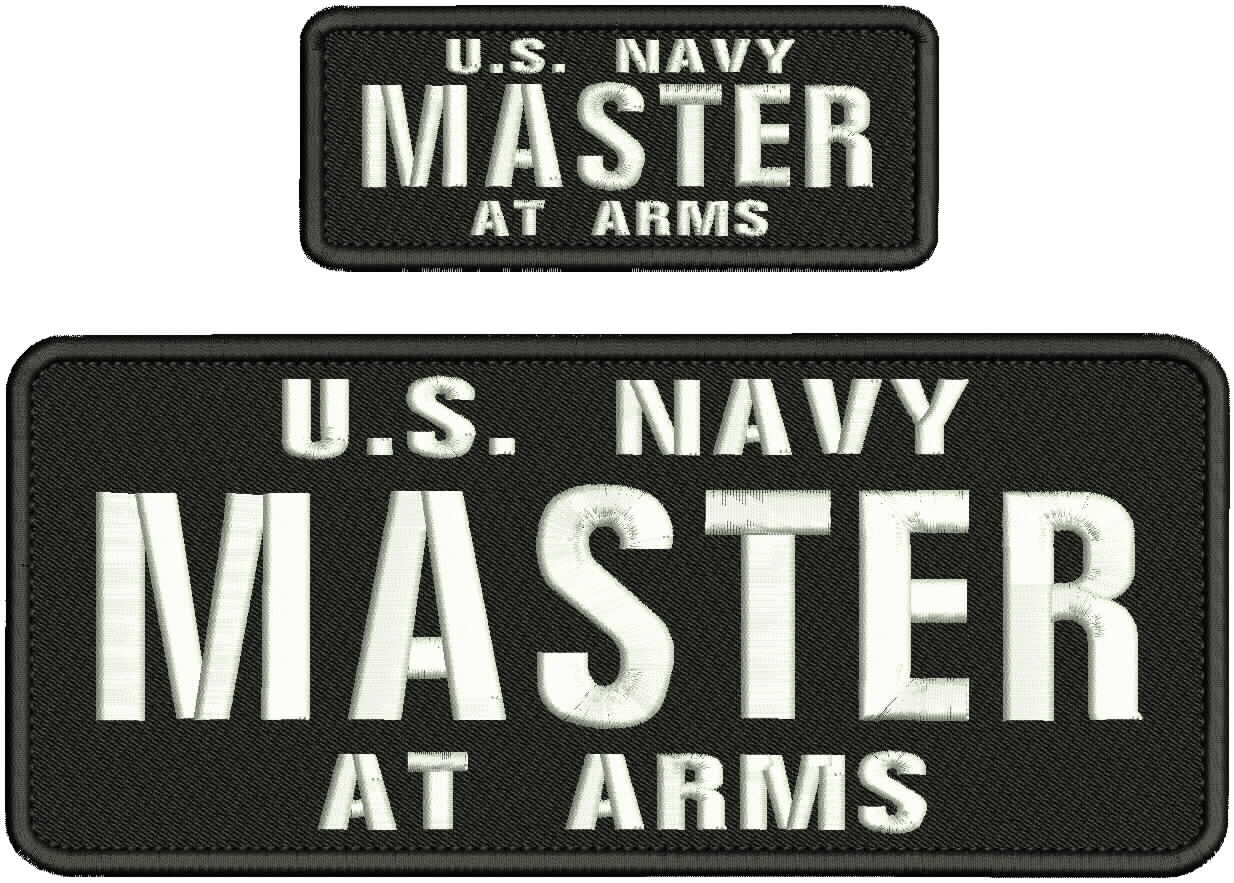 US NAVY MASTER AT ARMS EMB PATCHES 4X10 & 2X5 HOOK ON BACK  WHITE ON BLACK