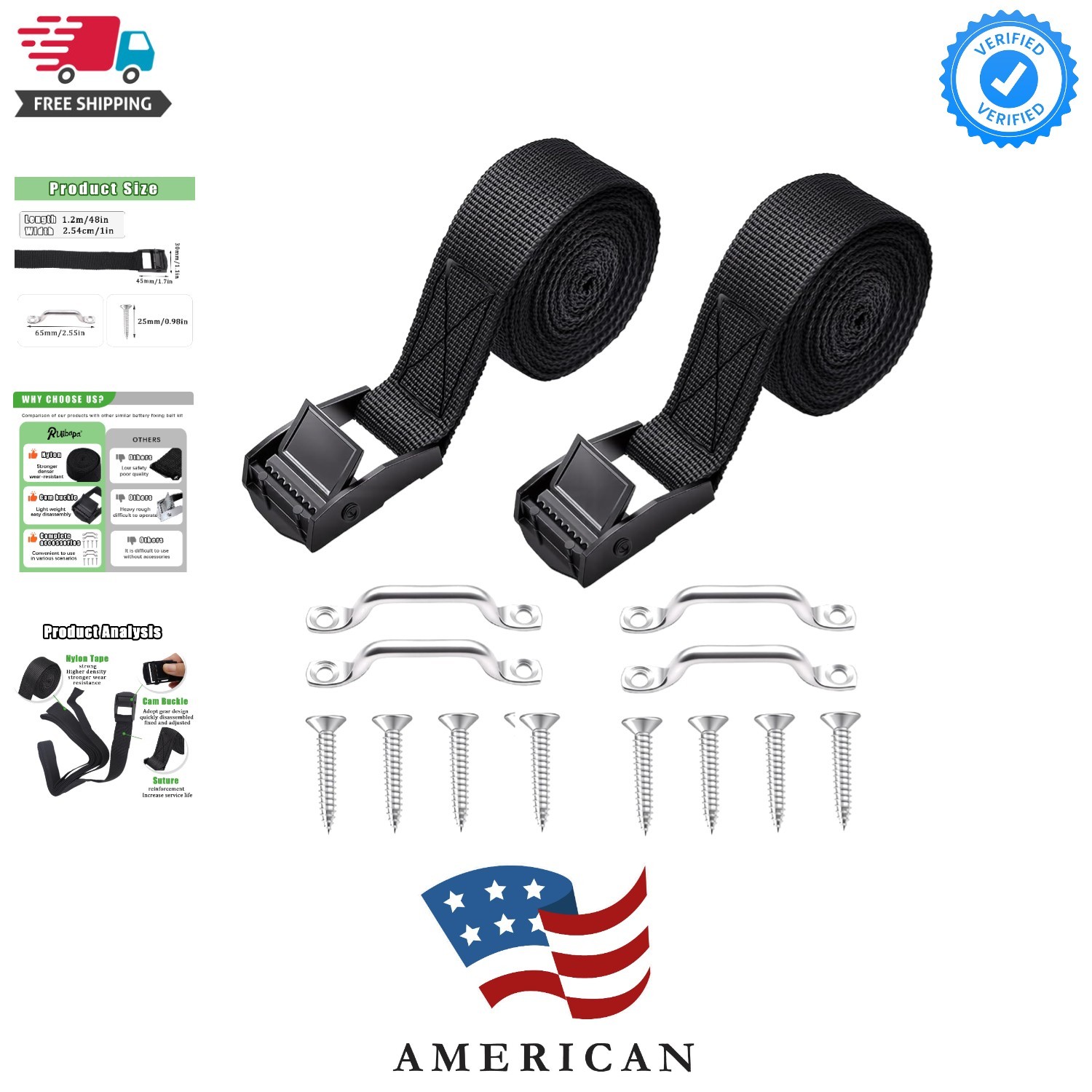 2 Sets 1"x 48"4 ft Battery Tie Down Strap kit with Stainless Steel Cam Buckle...