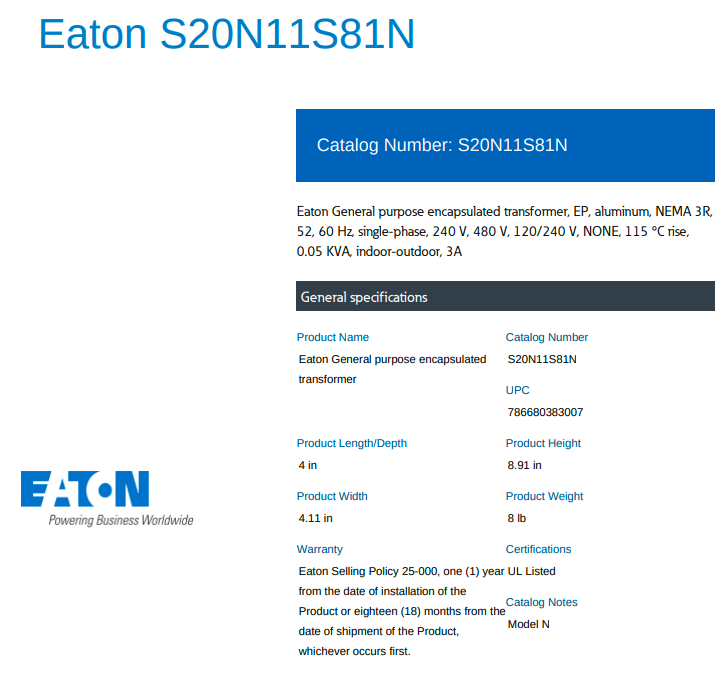 Eaton S20N11S81N General Purpose Transformer Used