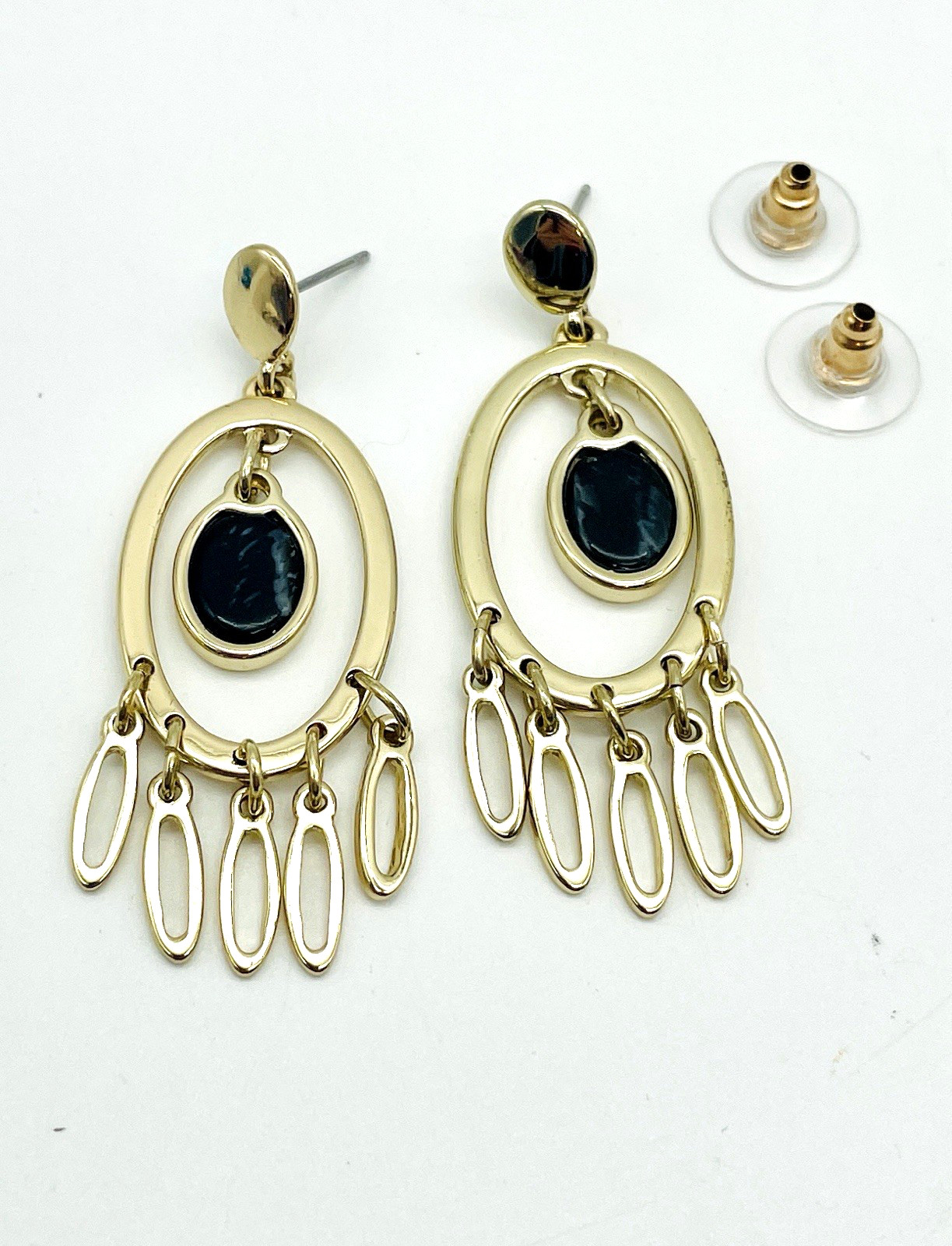 Dangle Earrings Pierced Oval W/Black Onyx & Dangle Hoops