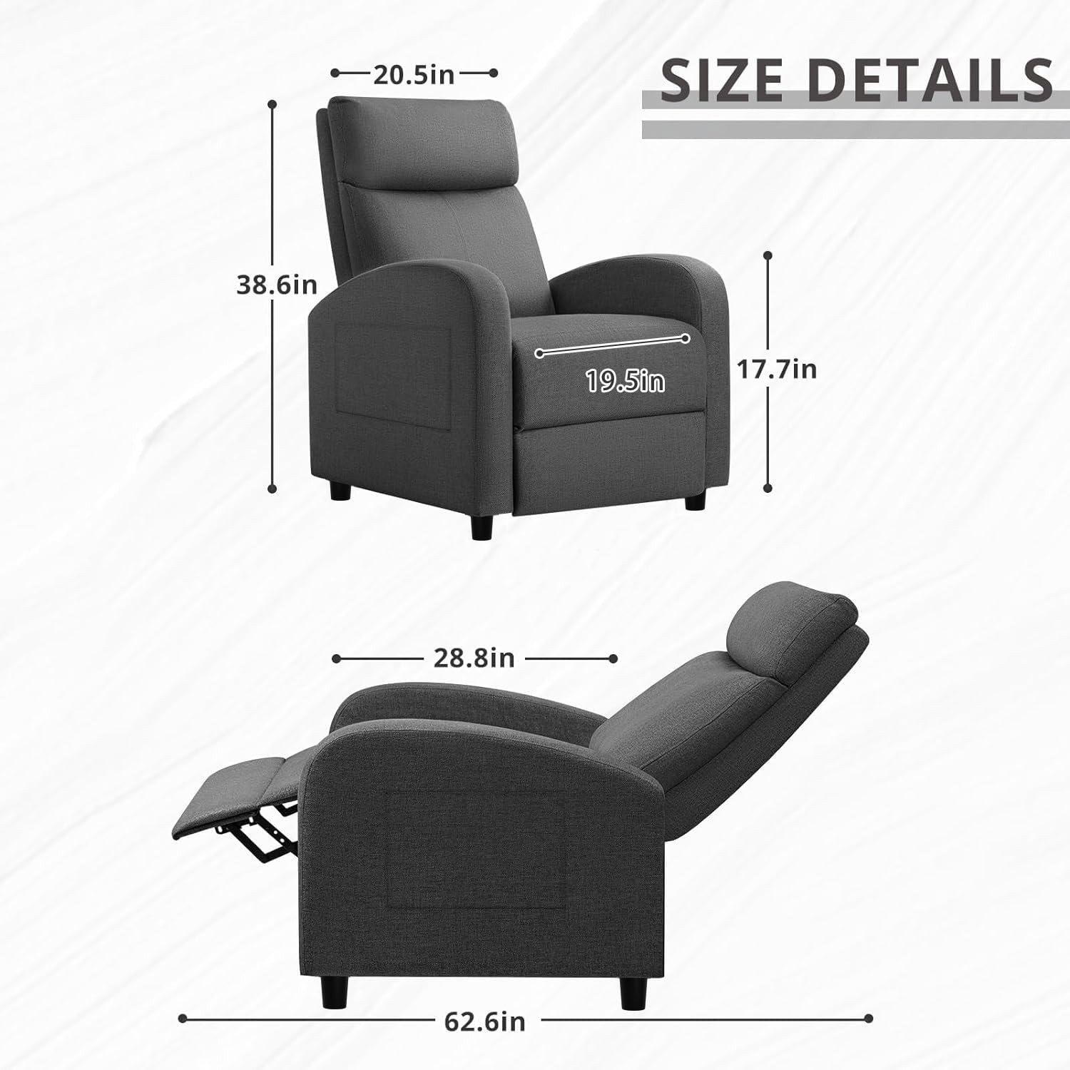JUMMICO Recliner Chair Adjustable Home 29D x 20W x 39H in, Aurora Grey