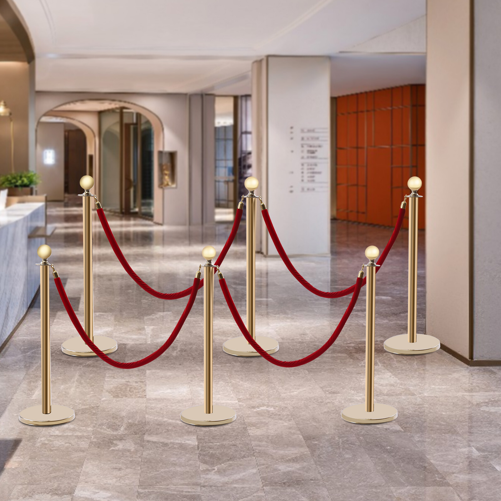 6Pcs Golden Stanchion Posts with 4 Velvet Ropes Crowd Control Queue Pole Barrier