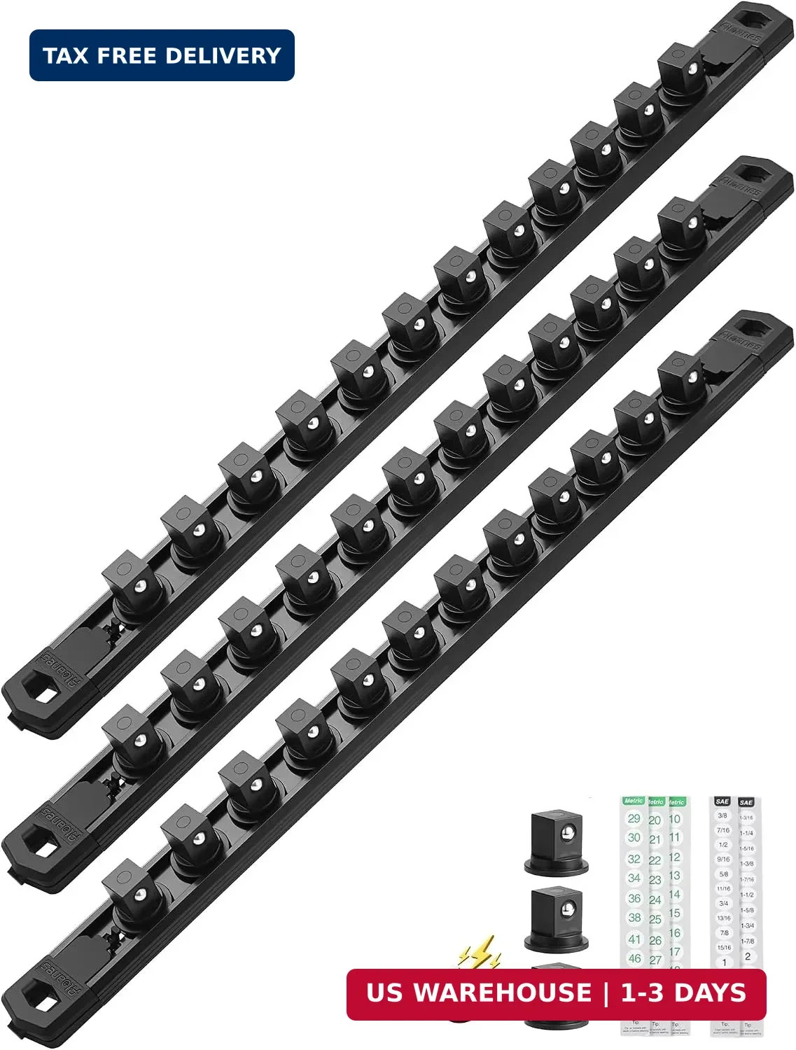Magnetic Socket Organizer Set, 3-Piece Heavy Duty Aluminum Socket Rails, 360° Sw