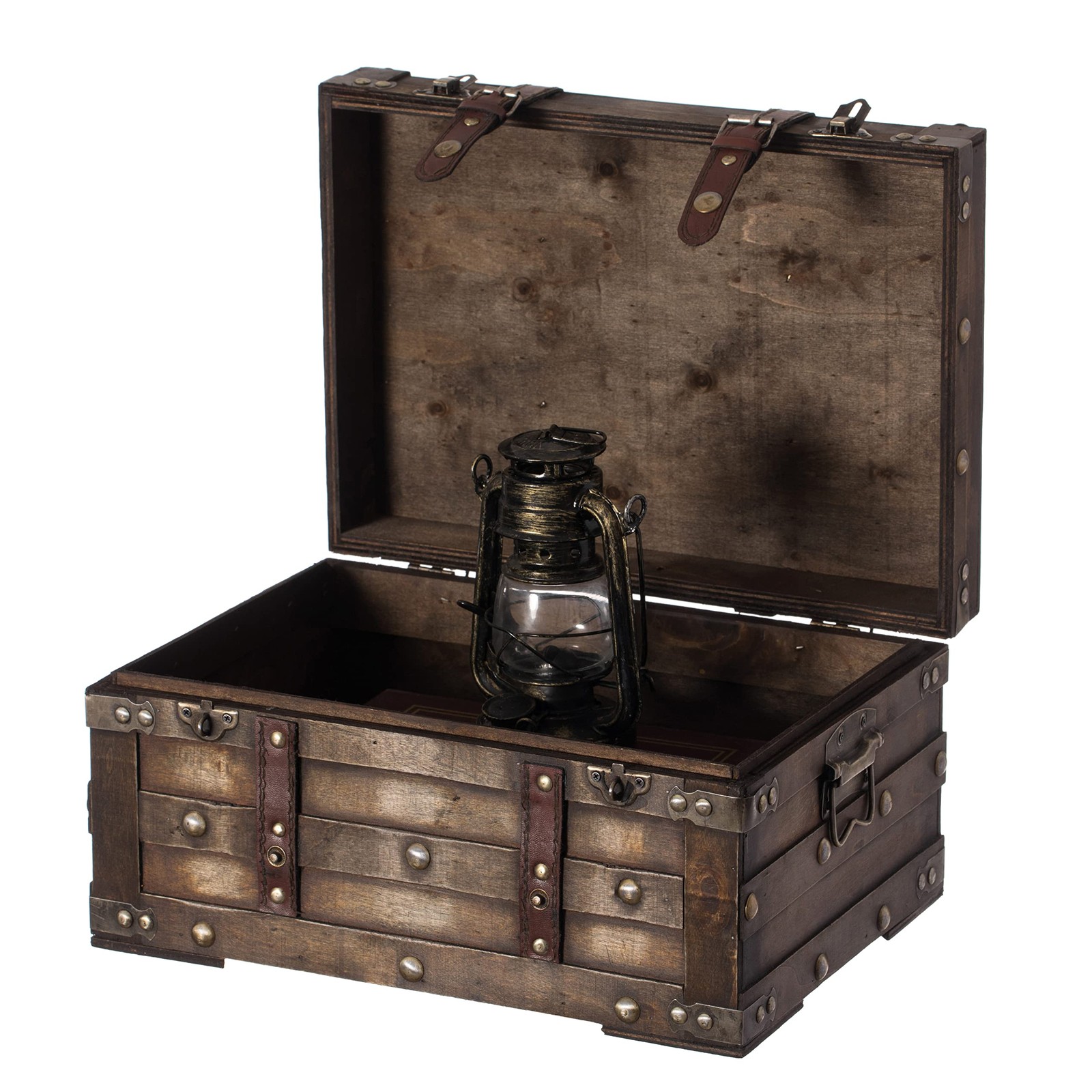 Small Wooden Storage Trunk, Vintage Suitcase Chest with Faux Leather Straps a...
