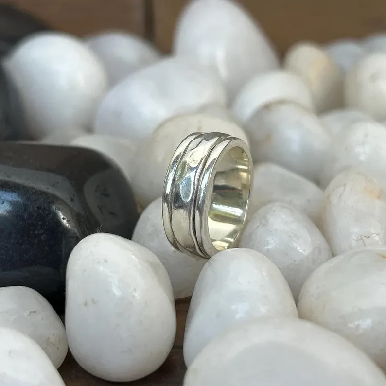 925 Sterling Silver Hammered Wide Band Ring Unisex Statement Jewelry All Size