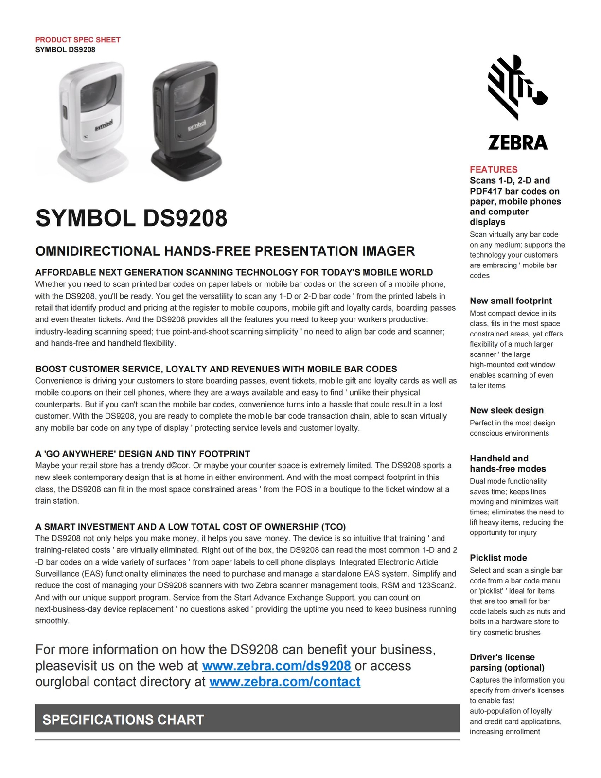 Symbol DS9208-SR00004NNWW Omnidirectional 1D 2D Image Barcode Scanner Reader