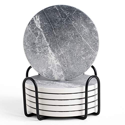 Coasters for Drinks Absorbent, Living Room Decor, Ceramic 6 Pack Cement Marble