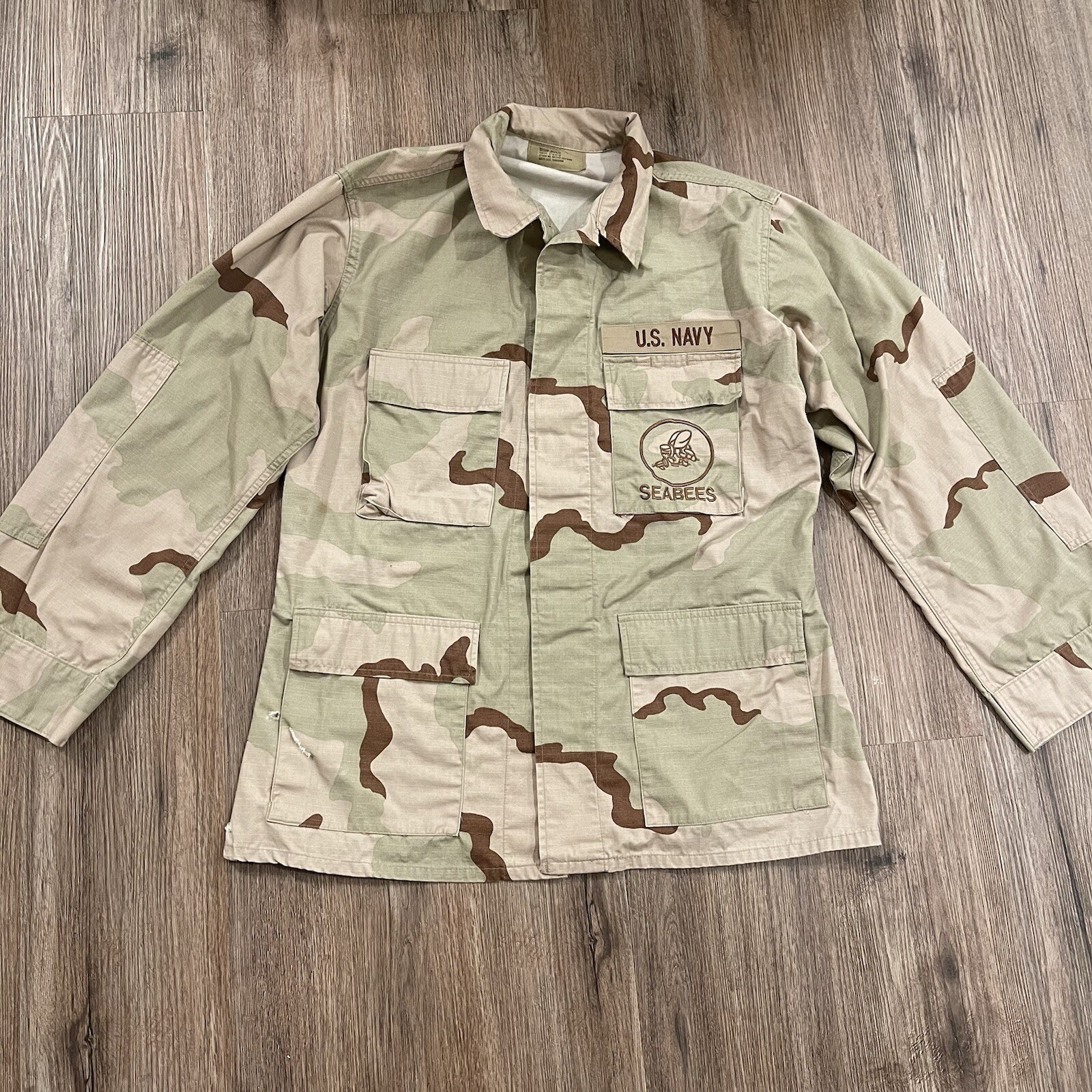 US NAVY SEABEES Desert Camo Camouflage Combat Ripstop Jacket Coat Mens Med FLAW