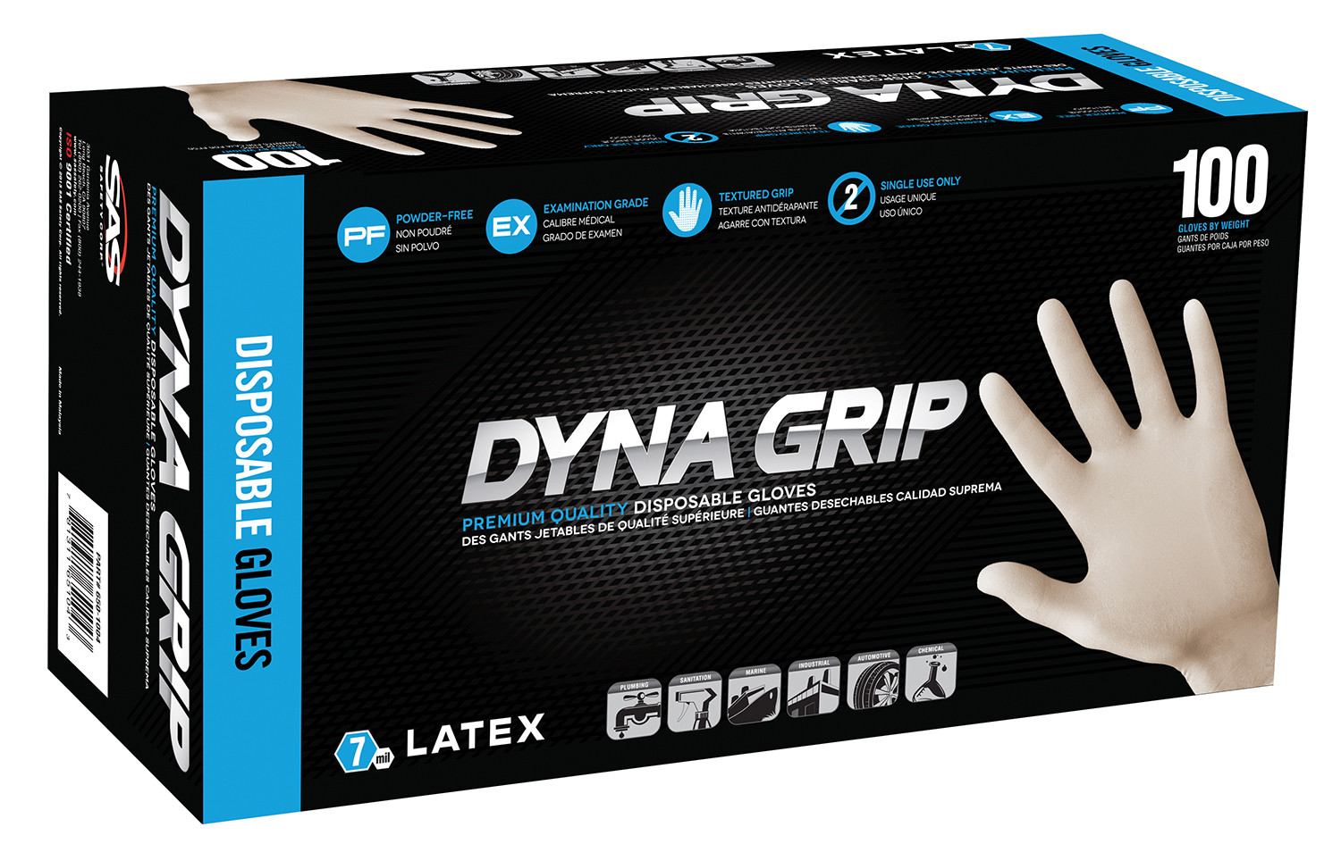 SAS 650-1004 Dyna Grip Latex Powder-Free Disposable Gloves X-Large 100 qty