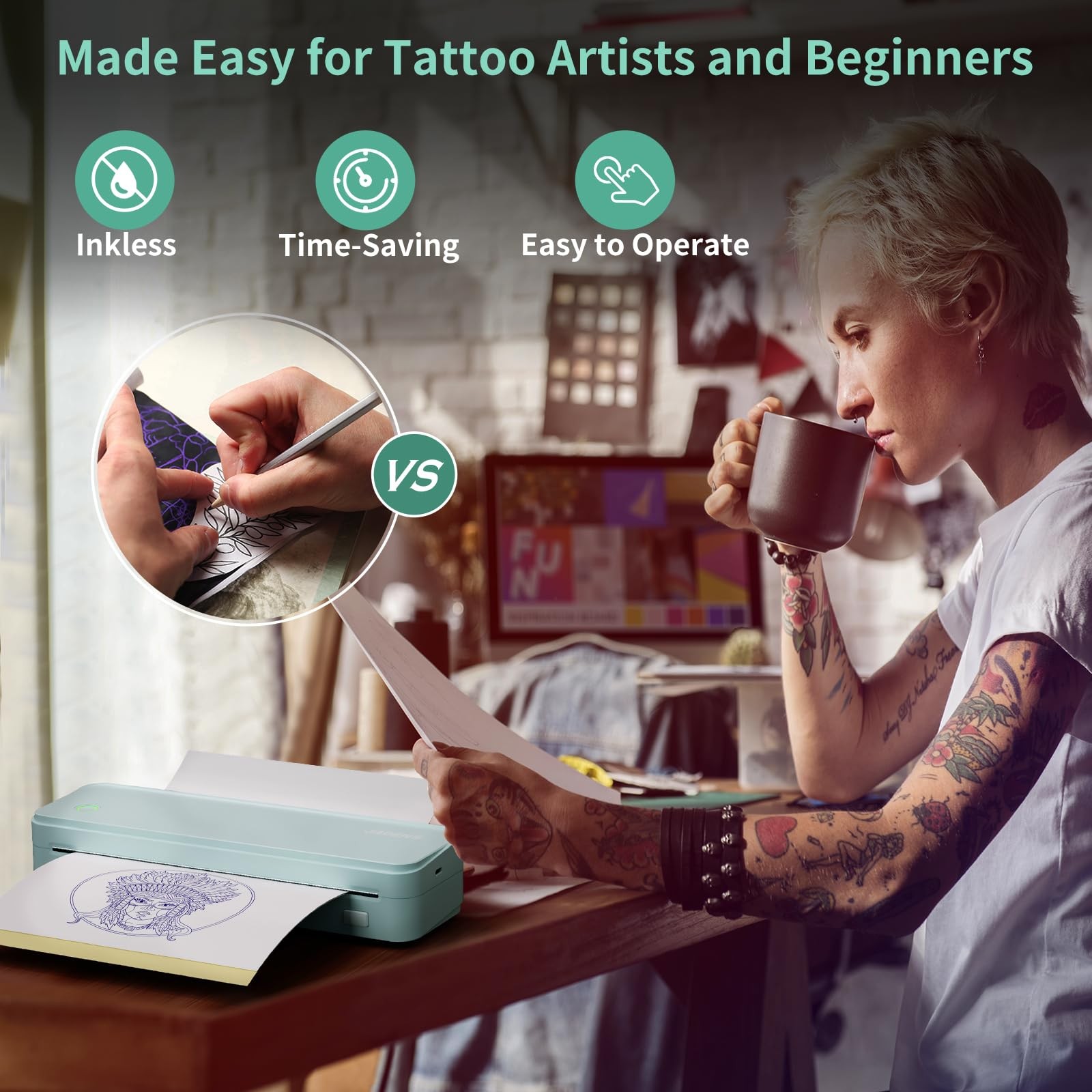 Jadens Tattoo Stencil Printer 40Pcs Transfer Paper Bluetooth Thermal Tattoo