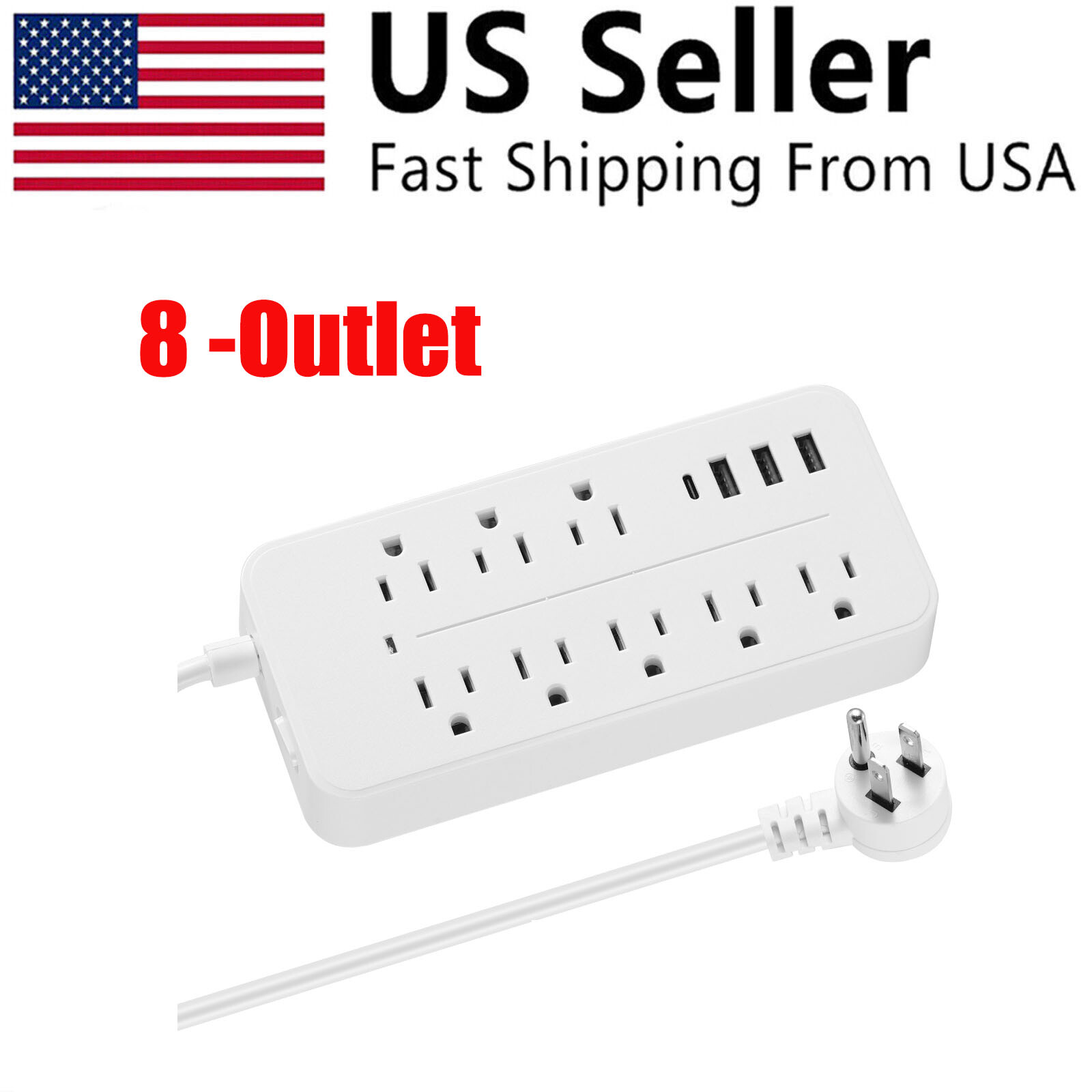 US 8-Outlets Power Strip Surge Protector AC with 3 USB Ports Mountable 45° Plug