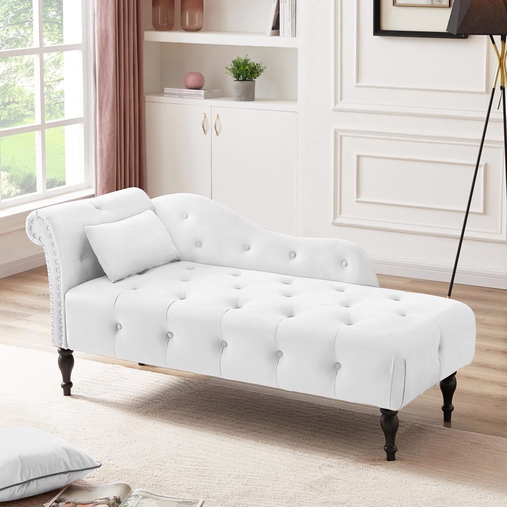 High Quality 60.6" Velvet Chaise Lounge Buttons Wood Legs with 1 Pillow Furnitu