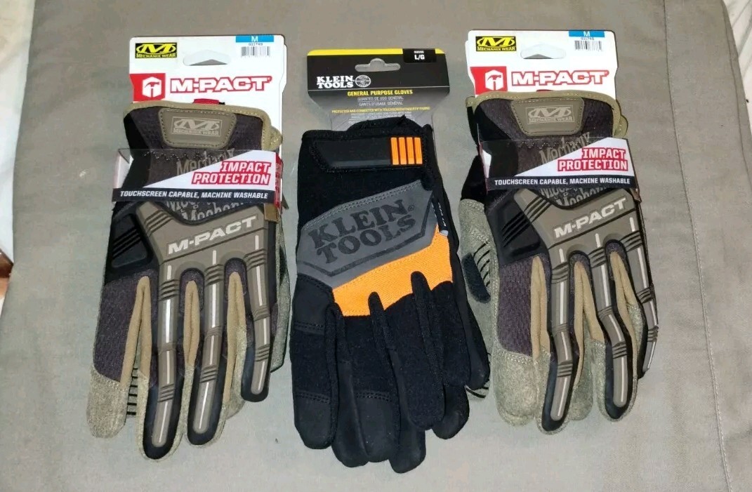 3 NWT Protective Work Gloves: 2 MechanixWear Size M Md & 1 Klein Tools Size L Lg