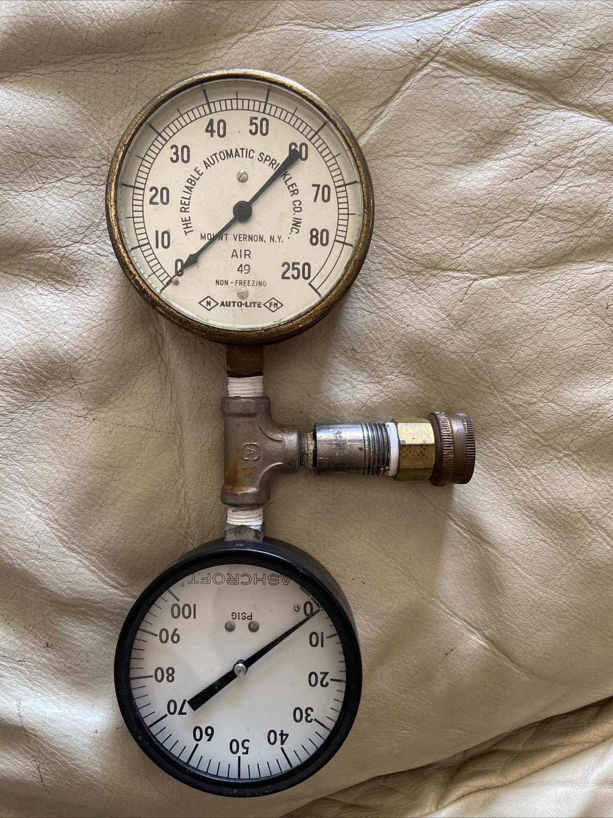 Vintage Auto-Lite Air 49 Pressure Gauge Steam Punk Sprinkler Ashcroft Pair Dual