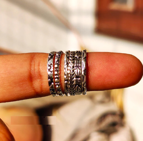 Set Of 6 Sterling Silver Stacking Ring, Thin & Thick Boho Ring All Size R359