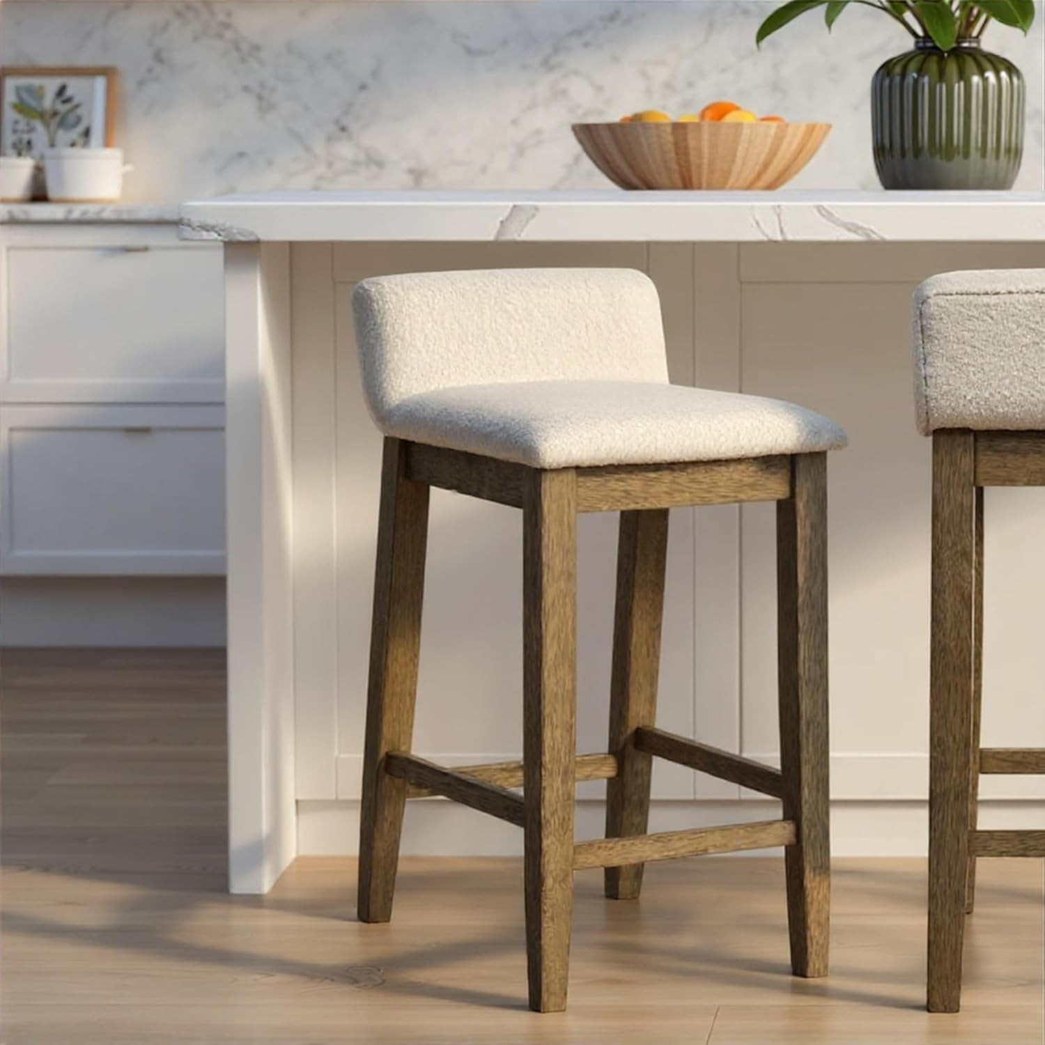 Modern Counter Height Bar Stool with Boucle Seat in Putty Brown Finish